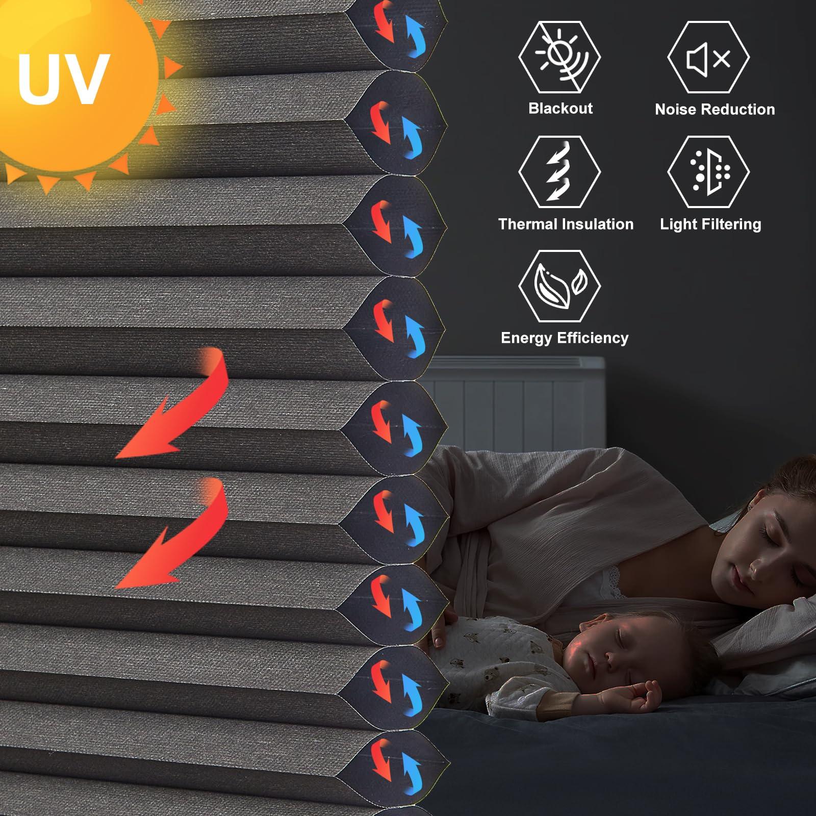 Persilux Persilux Custom Cellular Shades Cordless 100% Blackout Blinds for Windows (Black, 91" W x 86" H) 1.8" Single Honeycomb Window Blinds Thermal Insulated Room Darkening Shades for Windows, Home, Bedroom