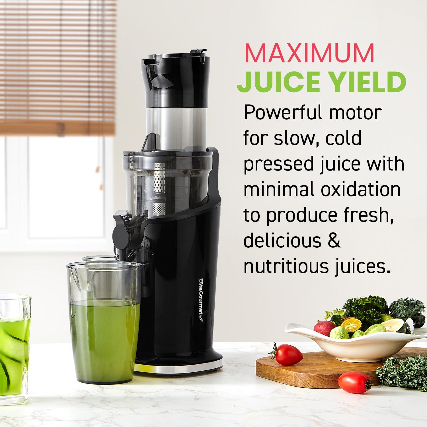 Elite Gourmet Elite Gourmet EJX017 Whole Fruit 3 Feeding Chute, Dynamic Masticating Slow Juicer, High Yield Cold Press Juice Extractor, Nutrient and Vitamin Dense, Easy to Clean, 27 oz Juice Cup, Black