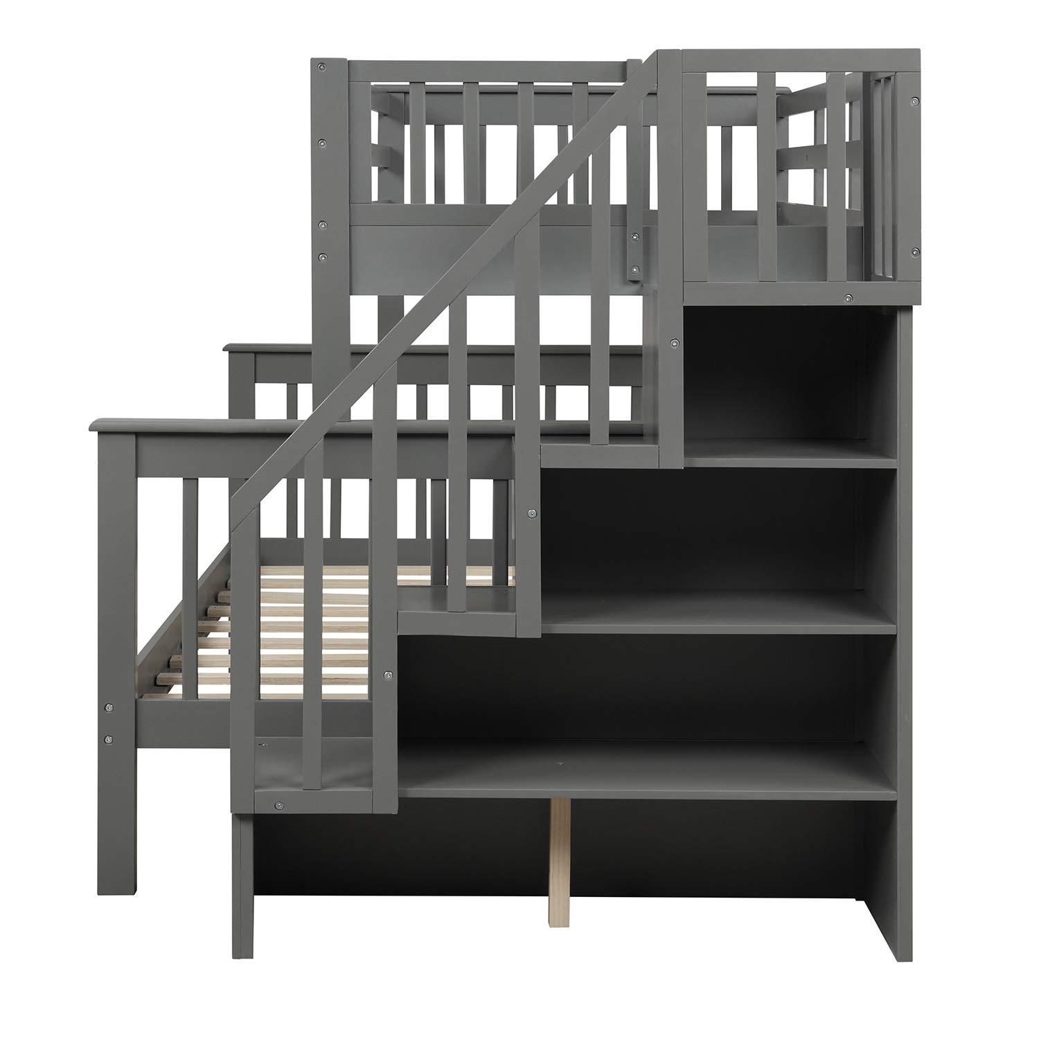 RUNNA Stairway Bunk Bed with 3 Drawers, Solid Wood Twin Over Full Bunk Bed with Storage Shelf and Guard Rail for Kids/Adults, Can be Divided Into Two Individual Beds, No Box Spring Needed (Gray)