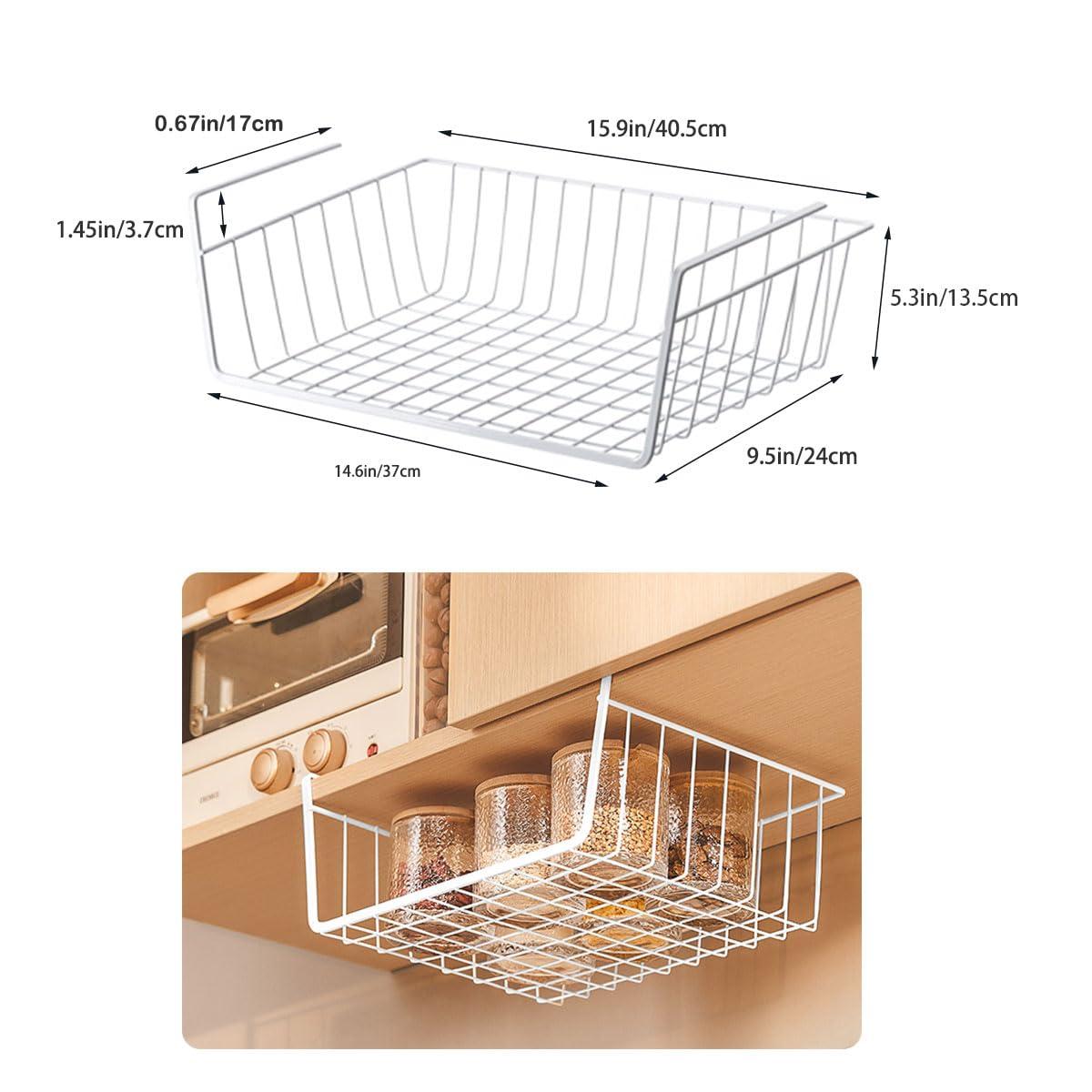 Vilive Vilive Under Shelf Storage Basket, Hanging Shelf Basket Slides Under Shelves for Storage Metal Under Cabinet Shelf Basket Organizer for Kitchen Pantry Desk Bookshelf (White Pack of 4)
