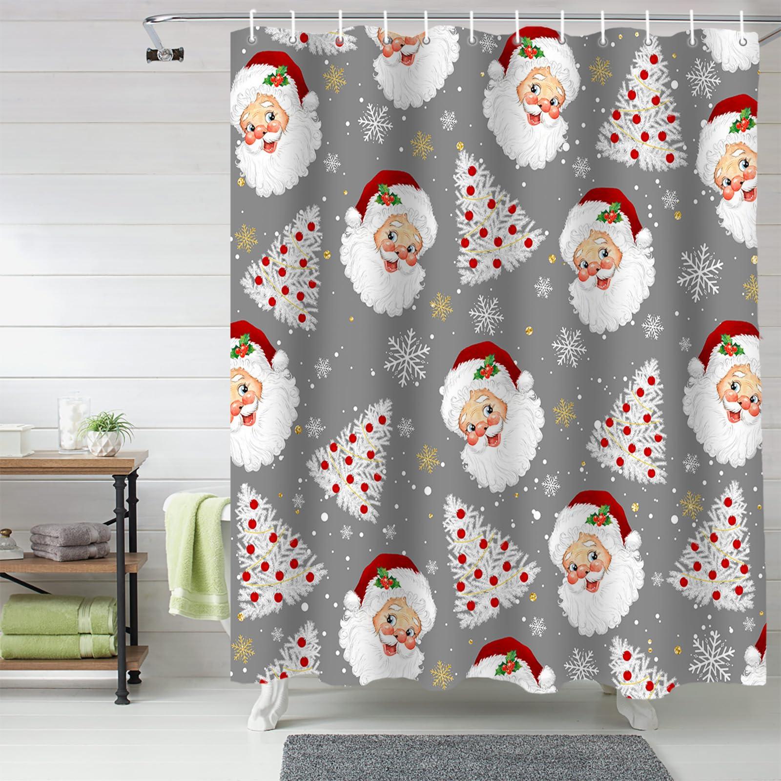 Vandarllin Grey Christmas Shower Curtain, Santa Claus Merry Christmas Tree Shower Curtains Set with Hooks, Winter Snowflake Waterproof Fabric Bathroom Curtains Decor Home Accessories,72 X 84 Inch Extra Long