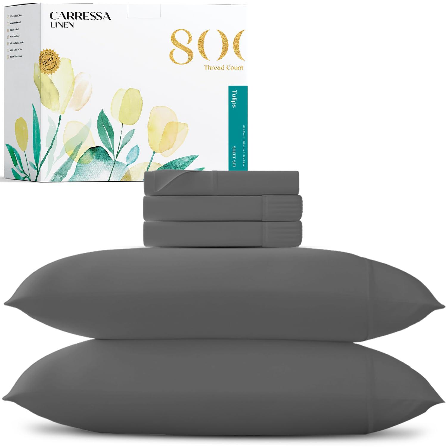 Carressa Linen Carressa Linen 100% Egyptian Cotton Split King Sheets Sets for Adjustable Bed - 800 Thread Count 5 PC Top Split King Sheet for Sleep Number Bed, Soft Cooling Sheets, Fits Mattress Upto 18\" - Dark Grey