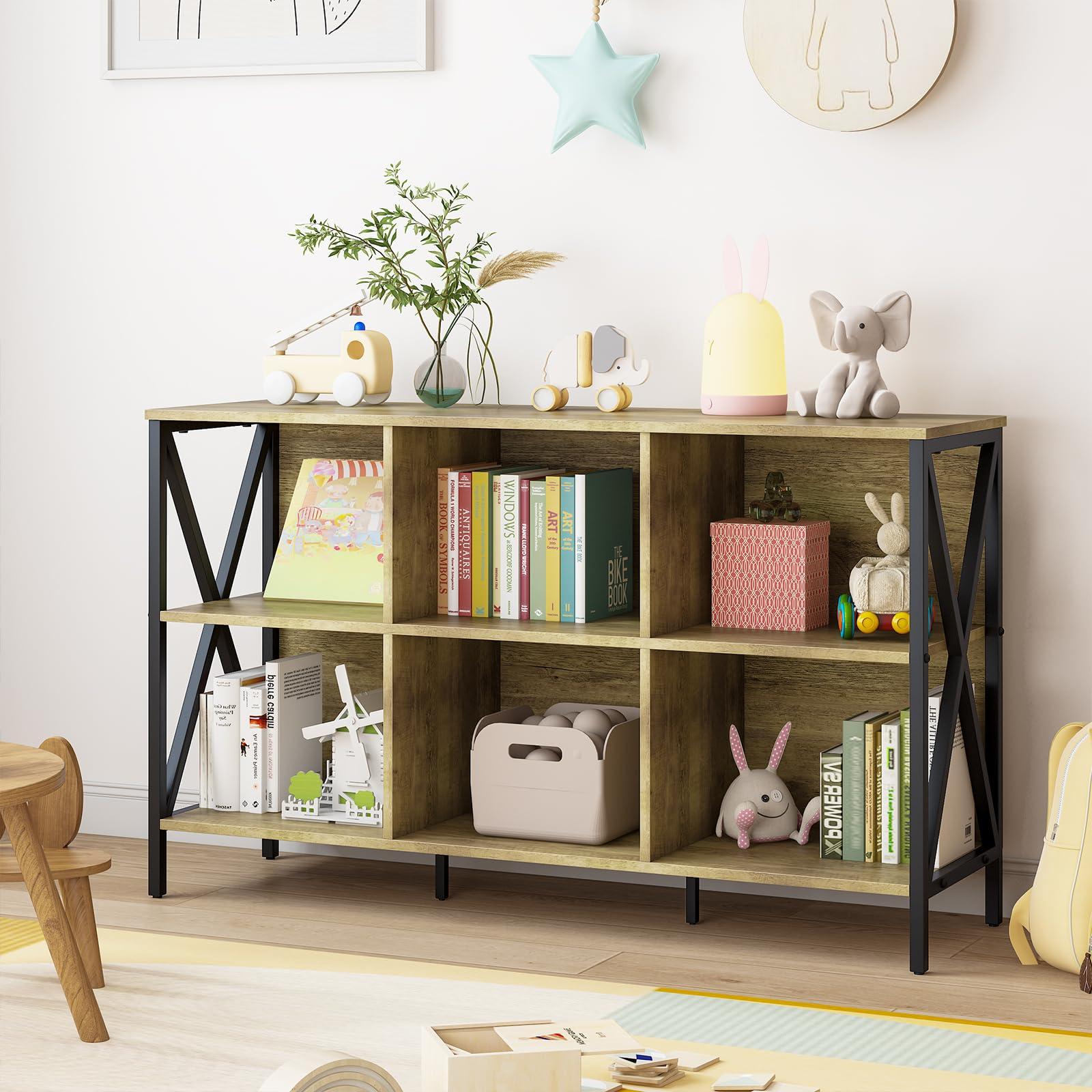 Adompacat Horizontal Bookshelf Bookcase,6 Cube Storage Organizer with Open Shelf,47 Inch Industrial Low Wide Wood and Metal Cubby shelf,Long shelving unit for Home Office Living Room(Rustic Oak,6 Cube)