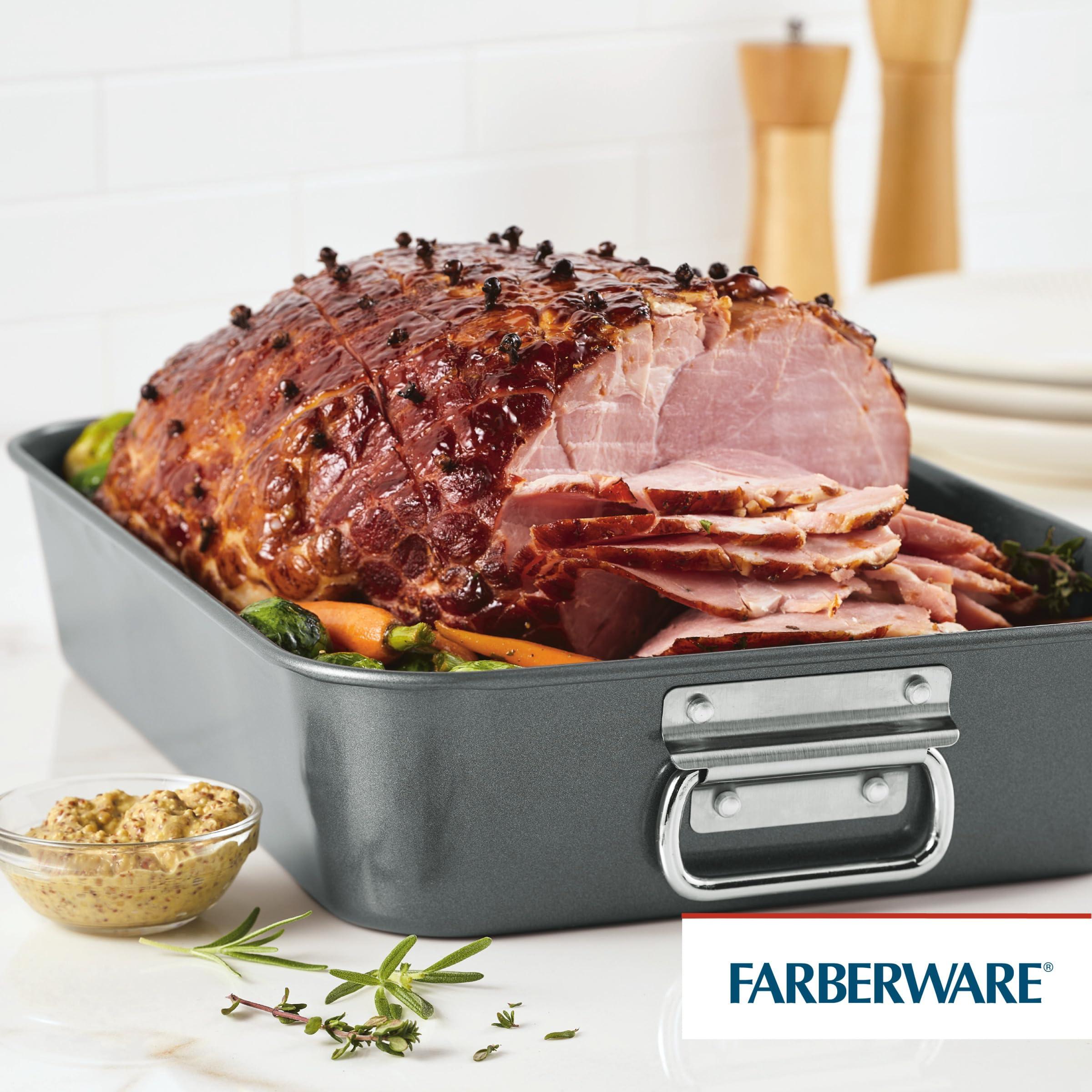 Farberware Farberware Bakeware Nonstick Steel Roaster with Flat Rack, 11-Inch x 15-Inch, Gray