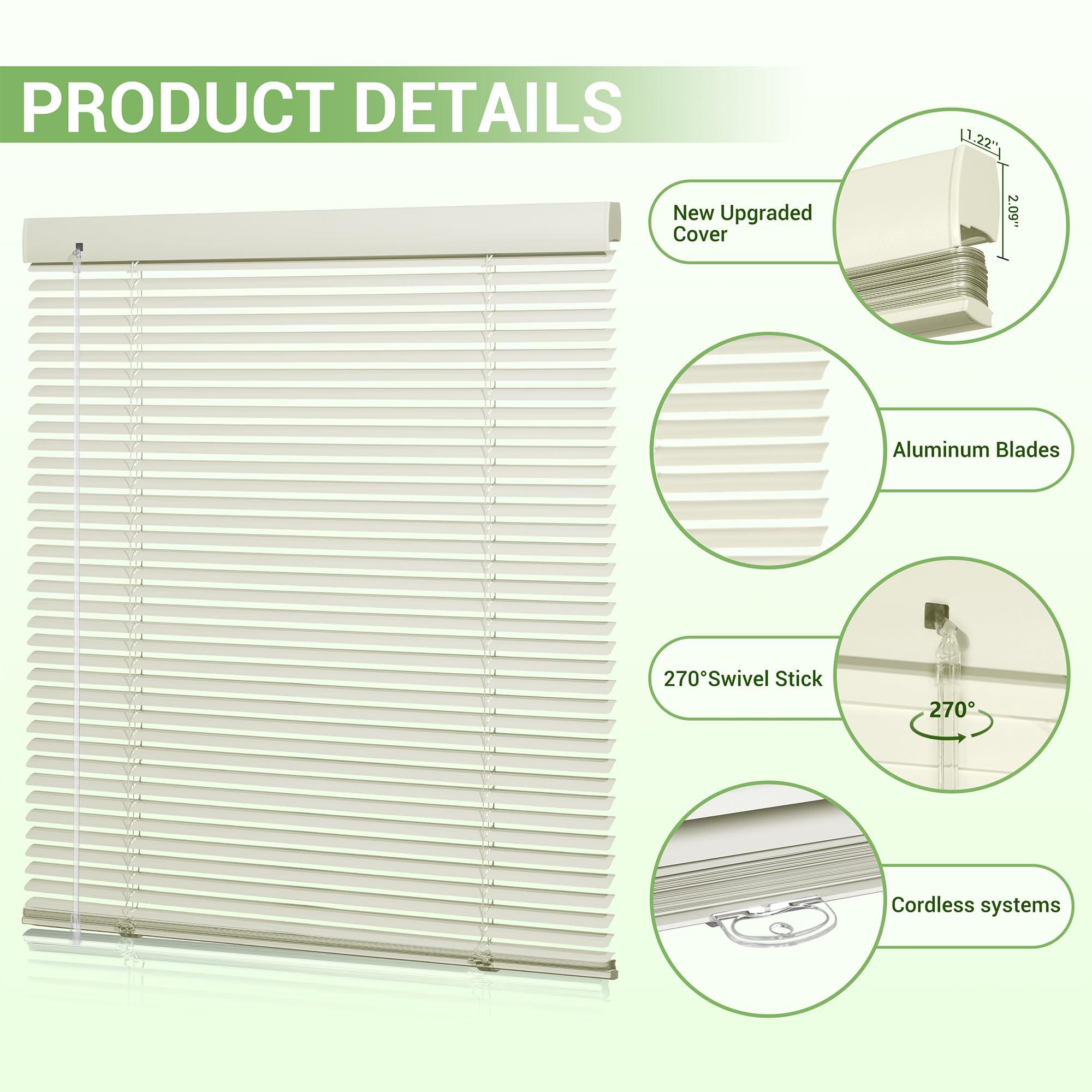Boolegon Boolegon Aluminum Mini Blinds Cordless Venetian Blind New 1 Inch Metal Slat Horizontal Blinds Anti-UV Waterproof Venetian Windows Blind for Office Home, Beige, 44" W x 39" H