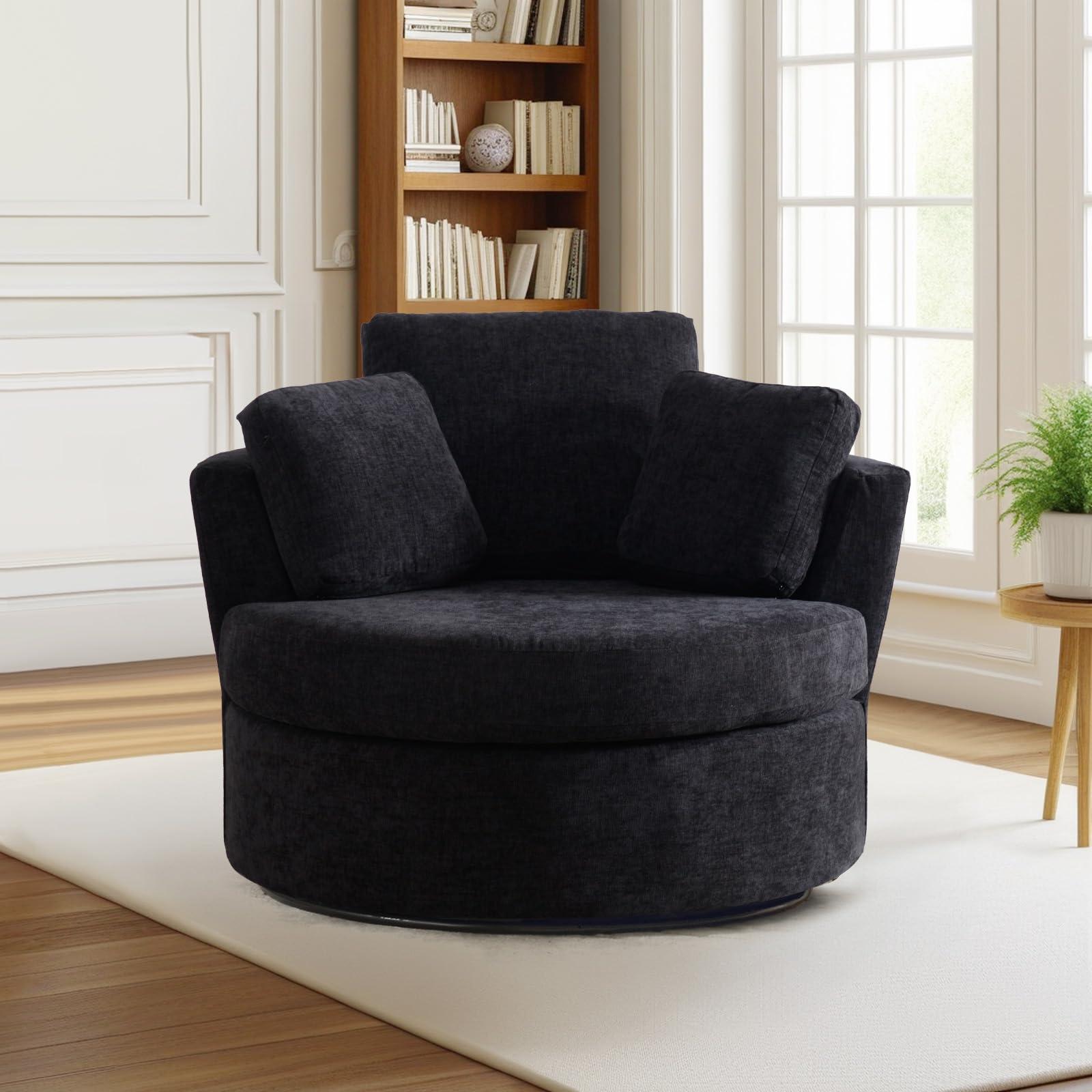 GEEVIVO 42\"W Oversized Swivel Accent Chair with Half Moon Storage Ottoman,360 Degree Chenille Swivel Barrel Chair,Comfy Upholstered Round Swivel Chair,Modern Reading Sofa Arm Chair for Living Room,Club(Black)