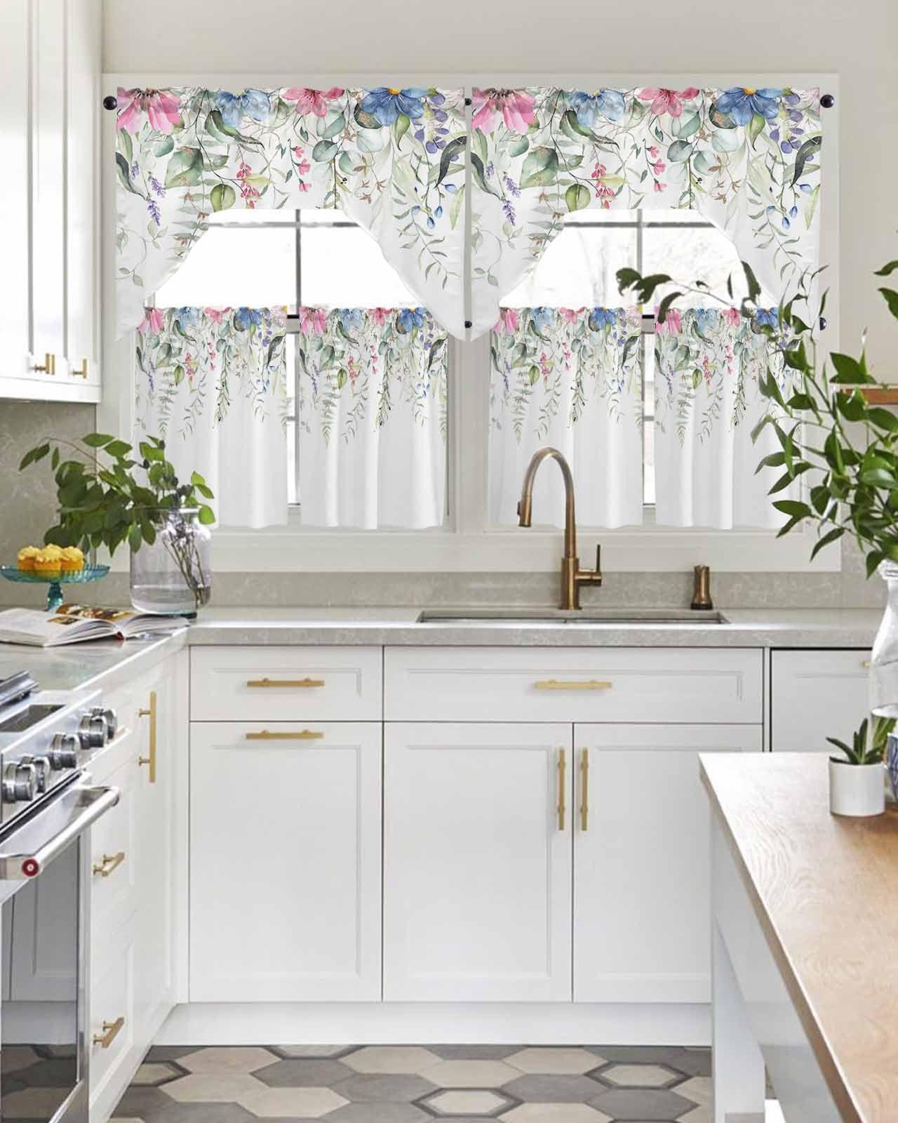AMZRicher Eucalyptus Kitchen Curtains Swag Valance and Tier Curtains Set 36 Inch Length, Rod Pocket Drape Panels Pair Swag Curtains for Bathroom/Cafe/Window Spring Botanical Leaves Floral Simple White