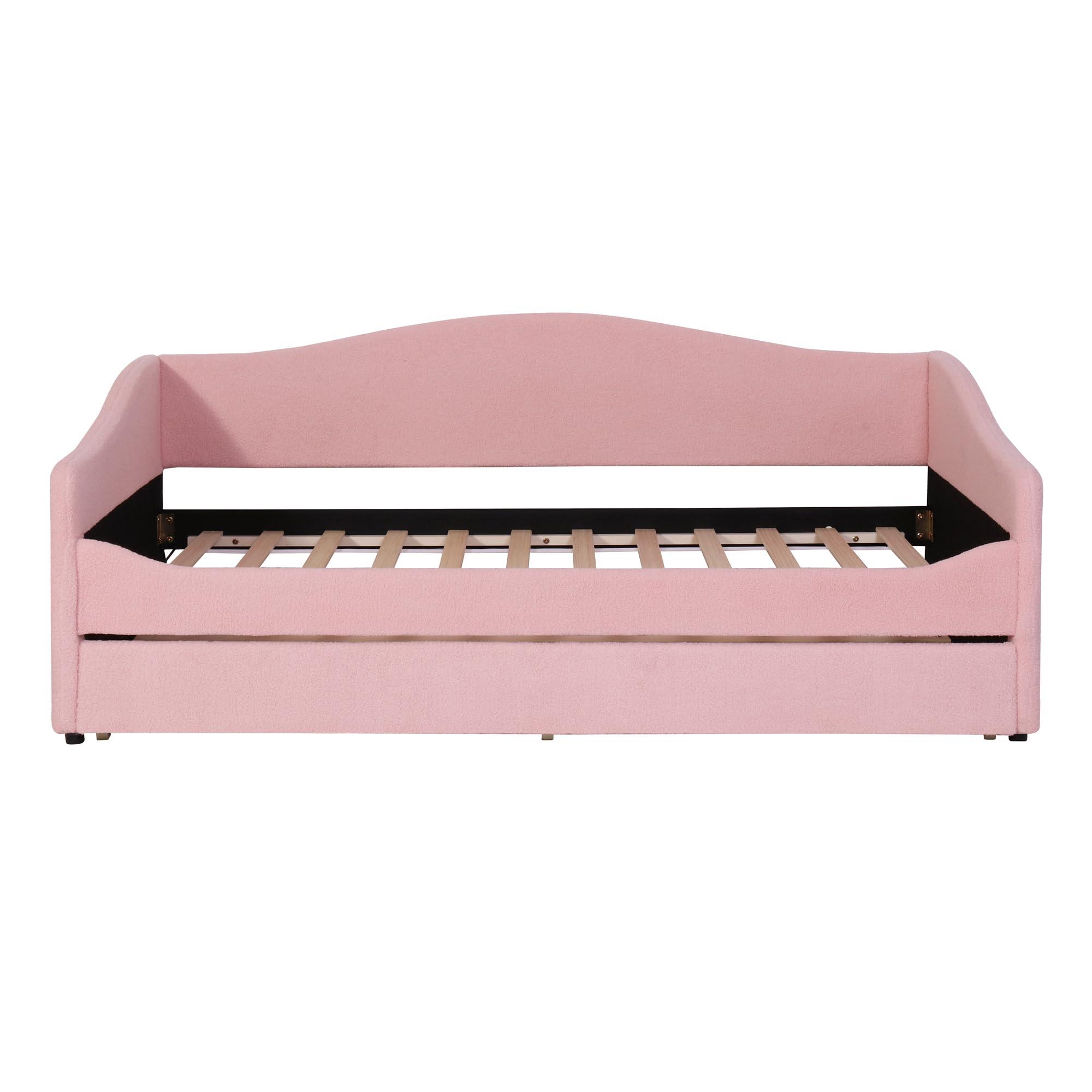 MERITLINE MERITLINE Twin Size Upholstered Daybed with Trundle and LED Light, Teddy Fleece Sofa Bed Frame, Wood Twin Trundle Bed for Bedroom Living Room, Pink