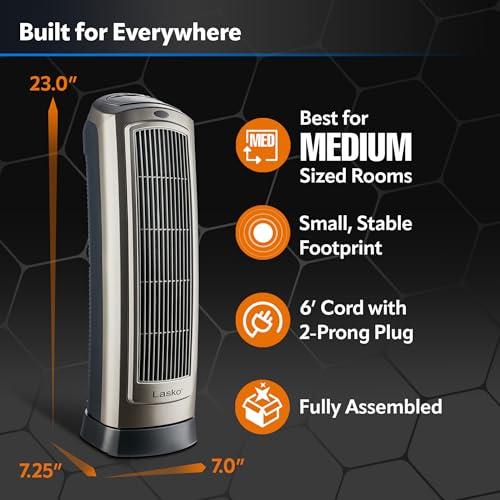 Lasko Lasko Oscillating Digital Ceramic Tower Heater for Home with Adjustable Thermostat, Timer and Remote Control, 23 Inches, 1500W, Silver, 755320, 8.5L x 7.25W x 23H, Silver
