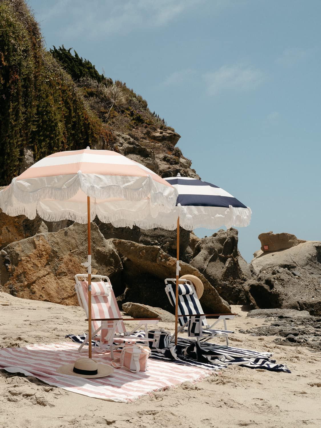 Business & Pleasure Co. Business & Pleasure Co. Holiday Beach Blanket - Perfect for The Beach & Picnics - Oversized Beach Towel with Fringe - Soft 500 GSM Cotton - Navy Capri Stripe