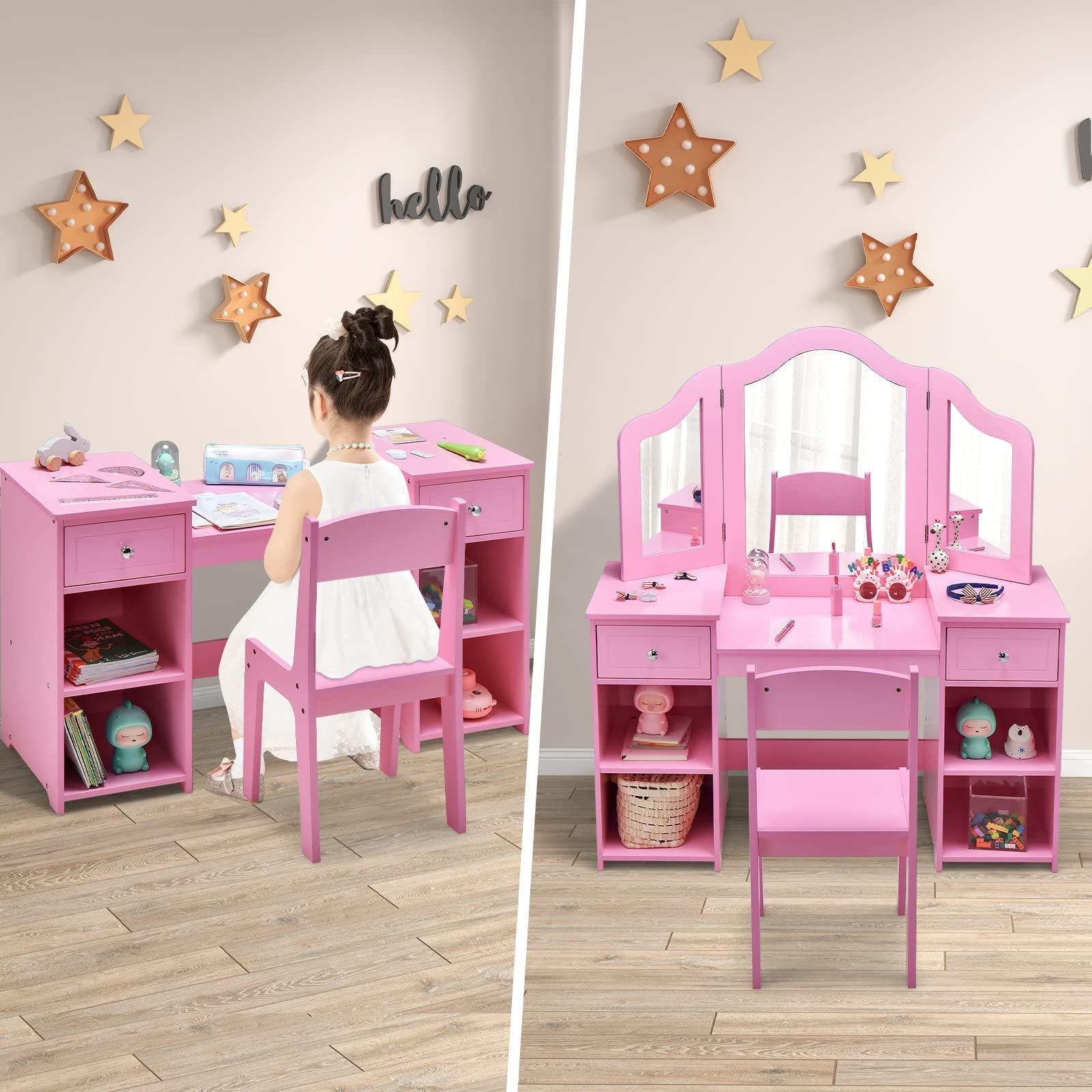 AKUSTIK AKUSTIK Kids Vanity, 2 in 1 Wooden Princess Makeup Table and Chair for Toddlers with Tri-Folding Detachable Mirror, Storage Drawers for Little Girls, Pretend Beauty Dressing Desk Play Set Toy Gift
