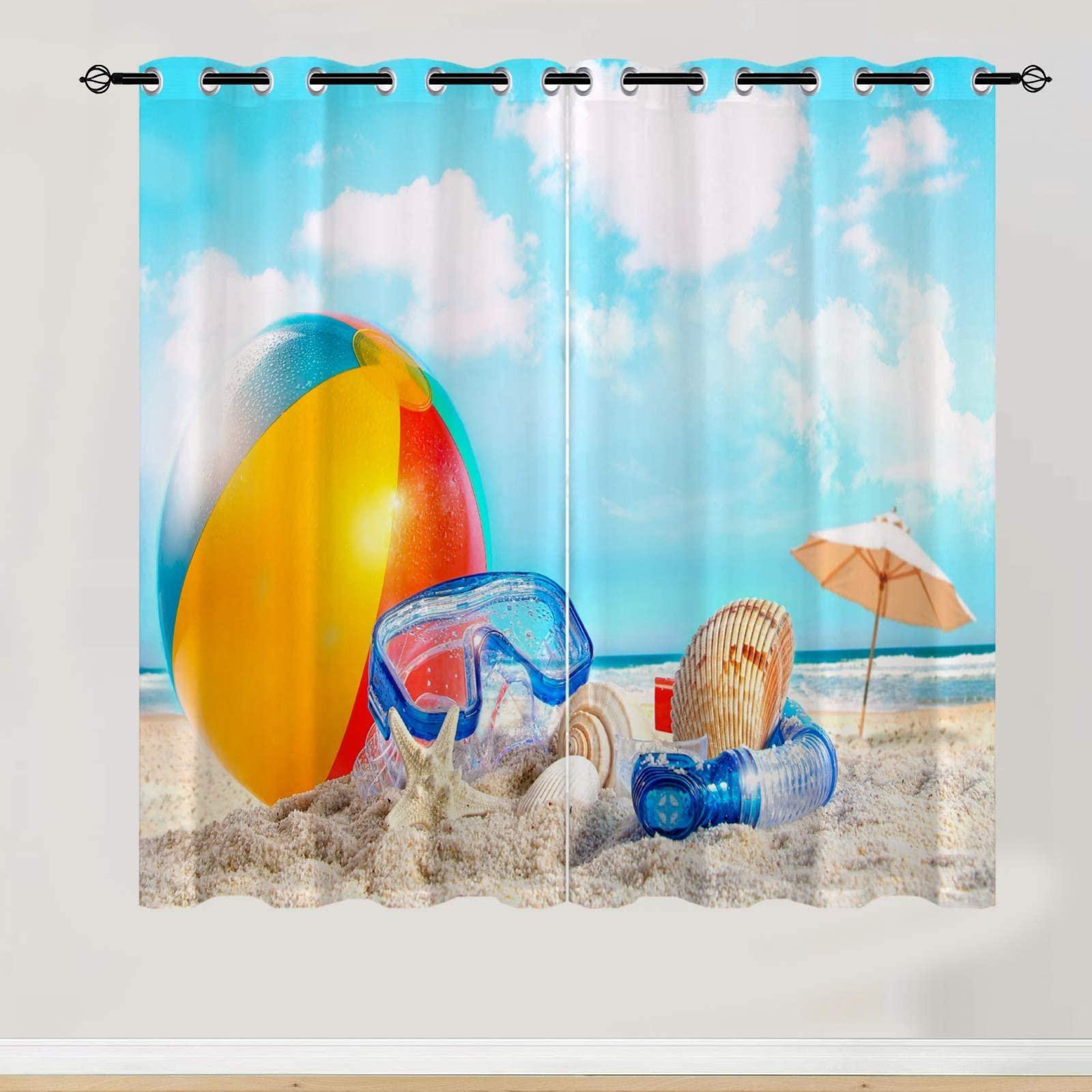 generic Co., Ltd. Coastal Beach Blackout Curtains, 3D Summer Ball Seashell Conch Print Window Curtains, Thermal Insulated Darkening Grommet Drapes 2 Panel Set for Living Room Bedroom Kitchen Decor 55" W x 45" L