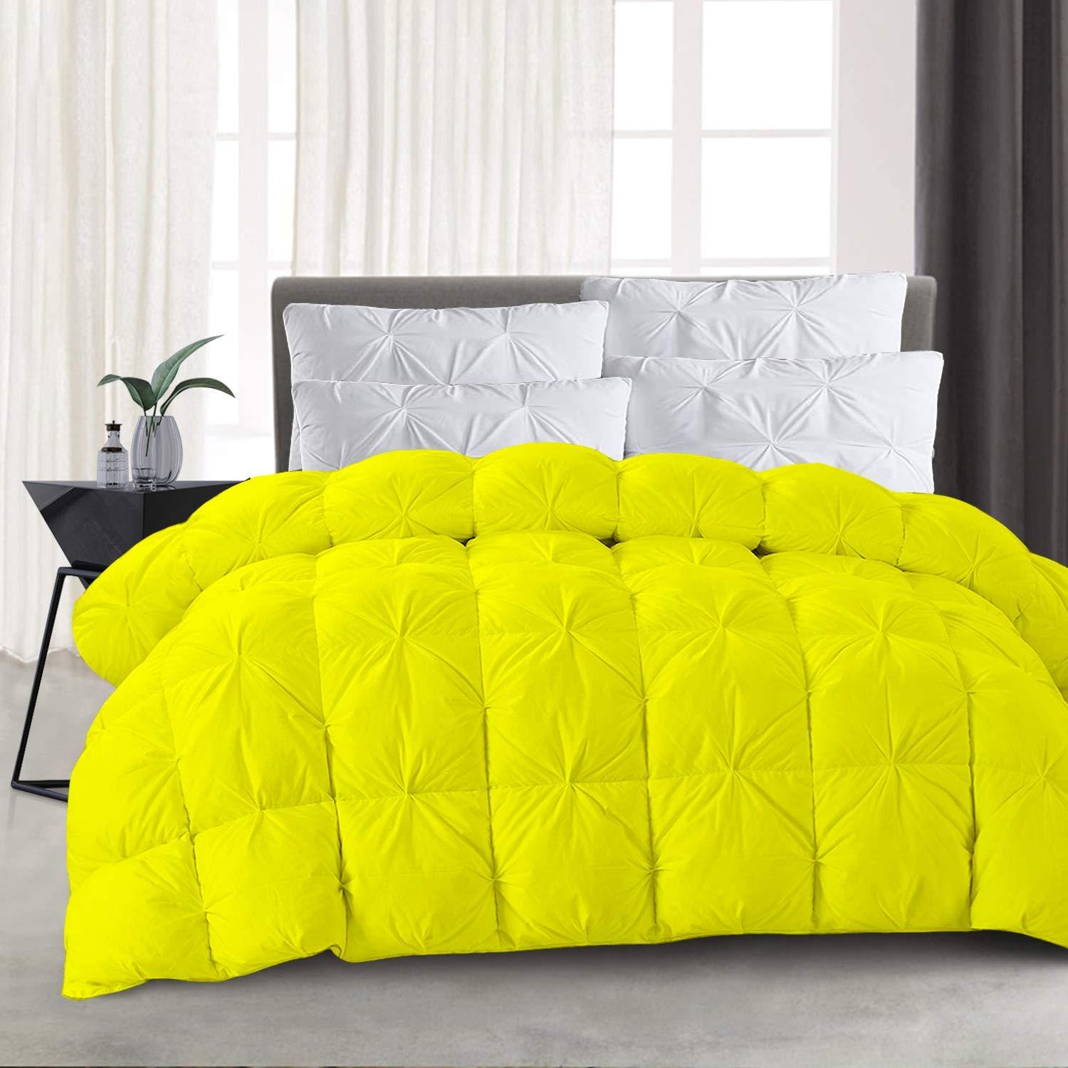 BEDICIA Yellow Solid Pinch Pleated 4 Piece Comforter Set (1 Comforter, 1 Duvet Cover & 2 Pillow Shams) 800 Thread Count Soft Egyptian Cotton California King Size