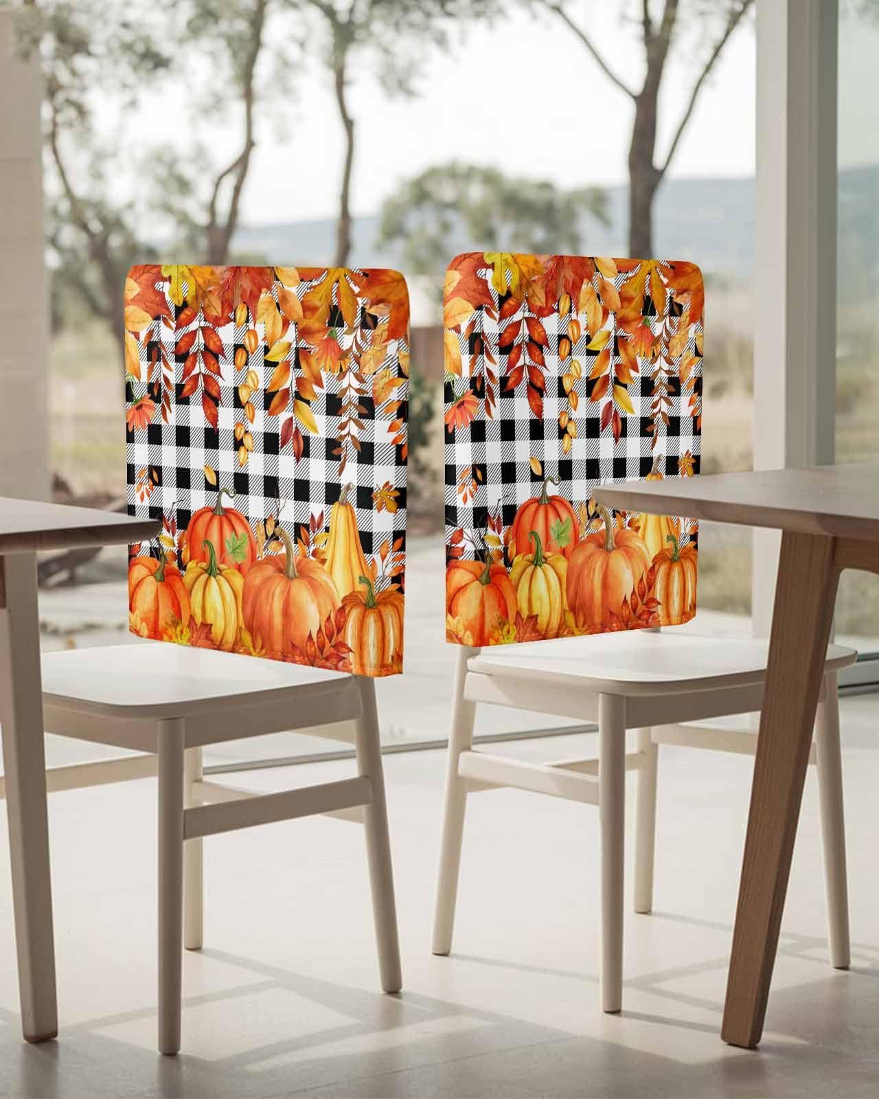 LOVE HOME DAY Fall Thanksgiving Chair Back Covers Set of 8,Orange Pumpkin Maple Leaf Harvest Farm Chair Slipcovers,Black and White Removable Dining Chair Protector for Kitchen Hotel Restaurant Banquet Decor