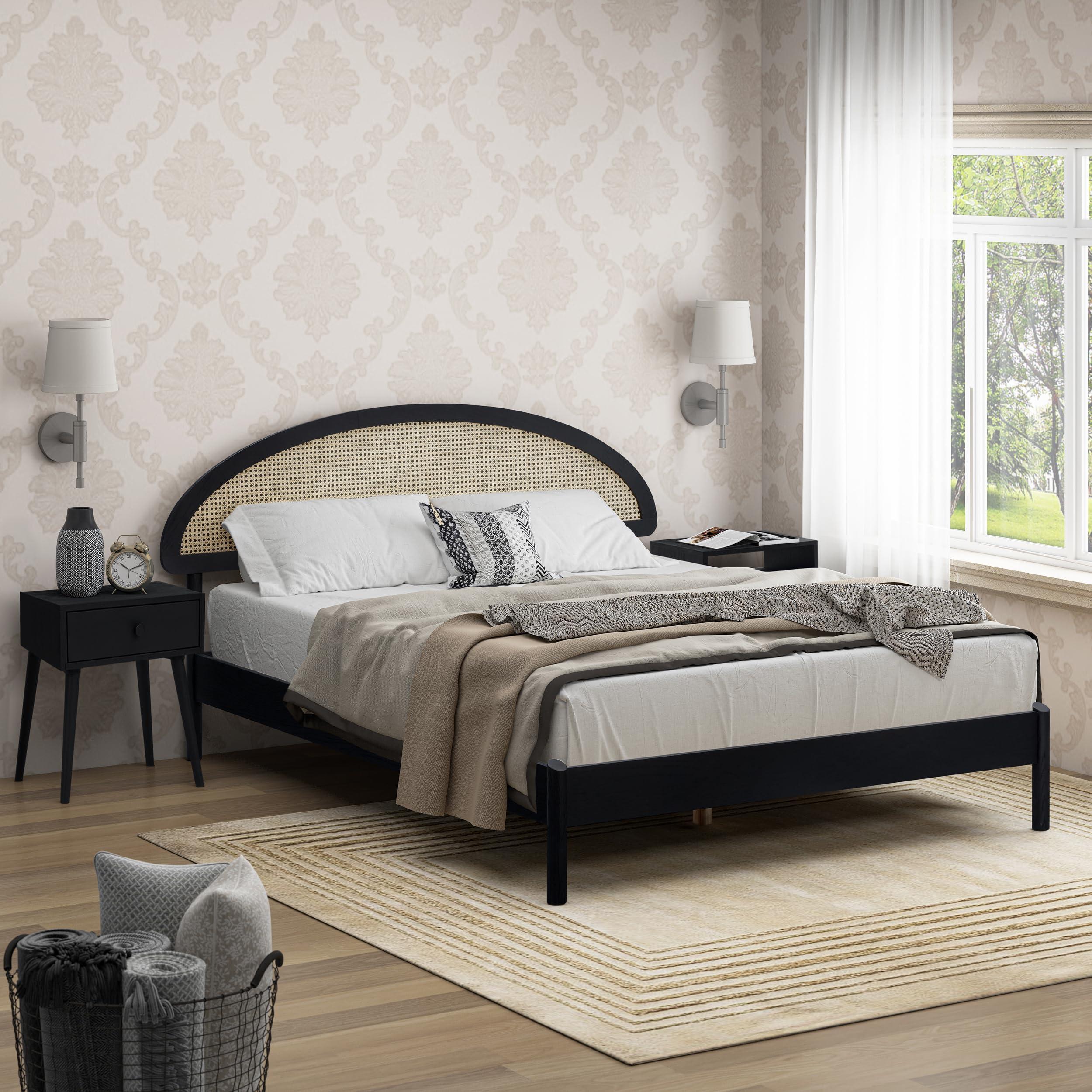 NTC NTC Gem Wooden Bed Frame with Headboard and Natural Rattan, Solid Oak Foundation with Silent Slats, 1000 Lb Capacity, Effortless Assembly, Queen - Burnt Black