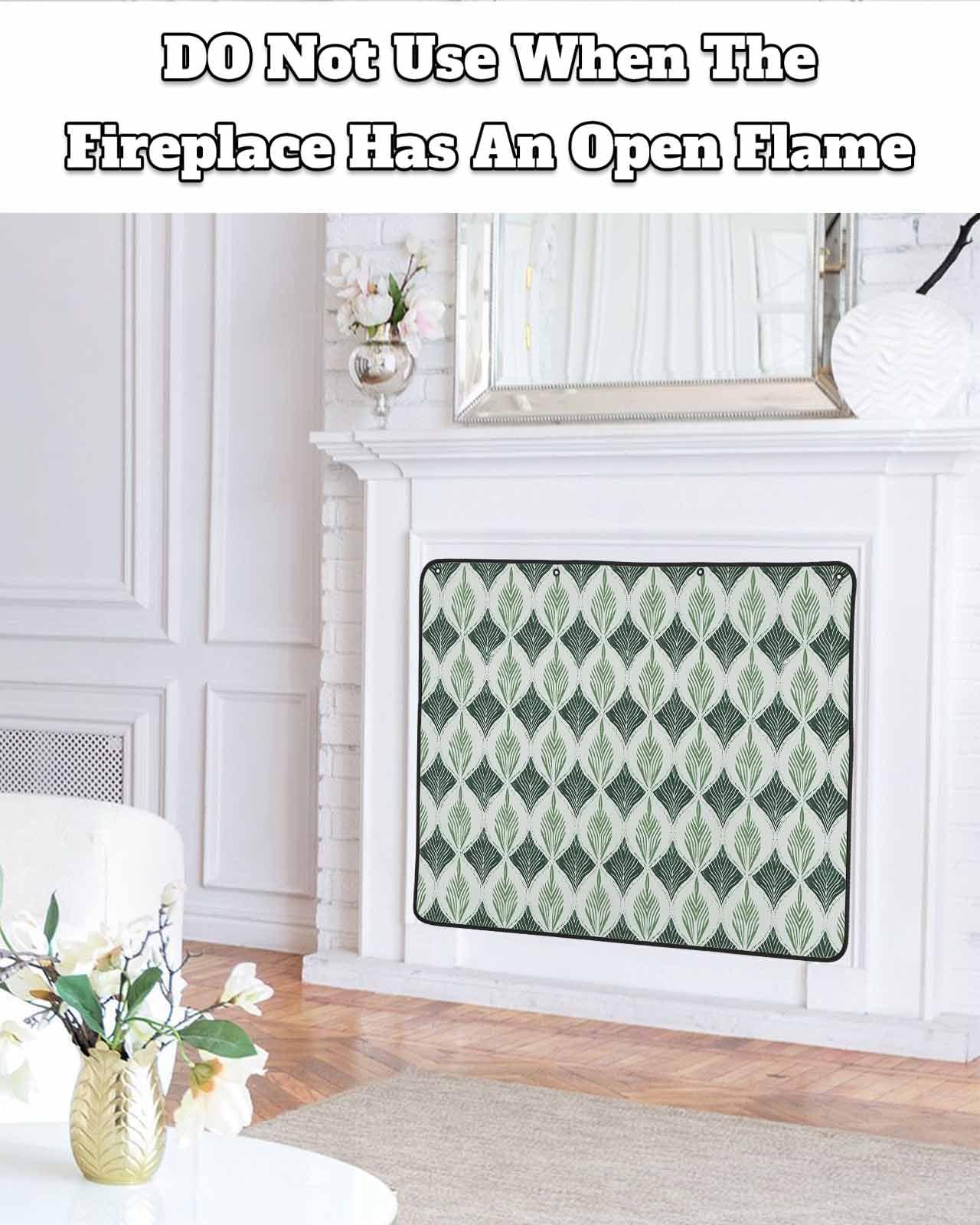 Onekaccu Teal Gray Fireplace Cover Decorative, Magnetic Fireplace Cover Indoor Fireplace Blanket Insulation Fireplace Draft Stopper Save Energy Abstract Geometric Leaves Modern Art 51\" Wx39 H