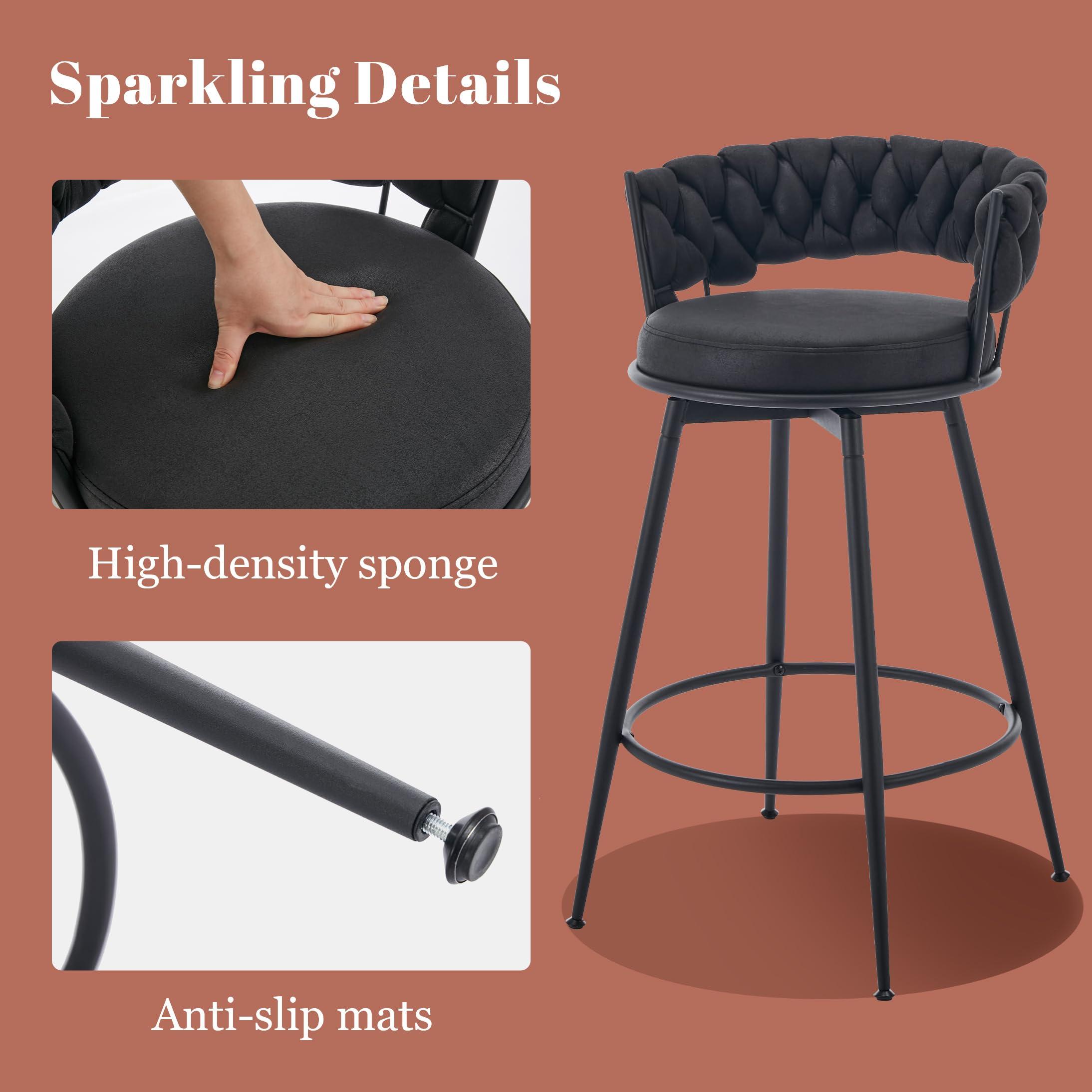 LONXIU LONXIU 360 Swivel Bar Stools Set of 4, 28 inch Counter Height Bar Stools Modern Barstools with Woven Back and Suede Fabric, Metal Frame & Footrest for Kitchen Island, Cafe, Pub, Bar Counter, Black