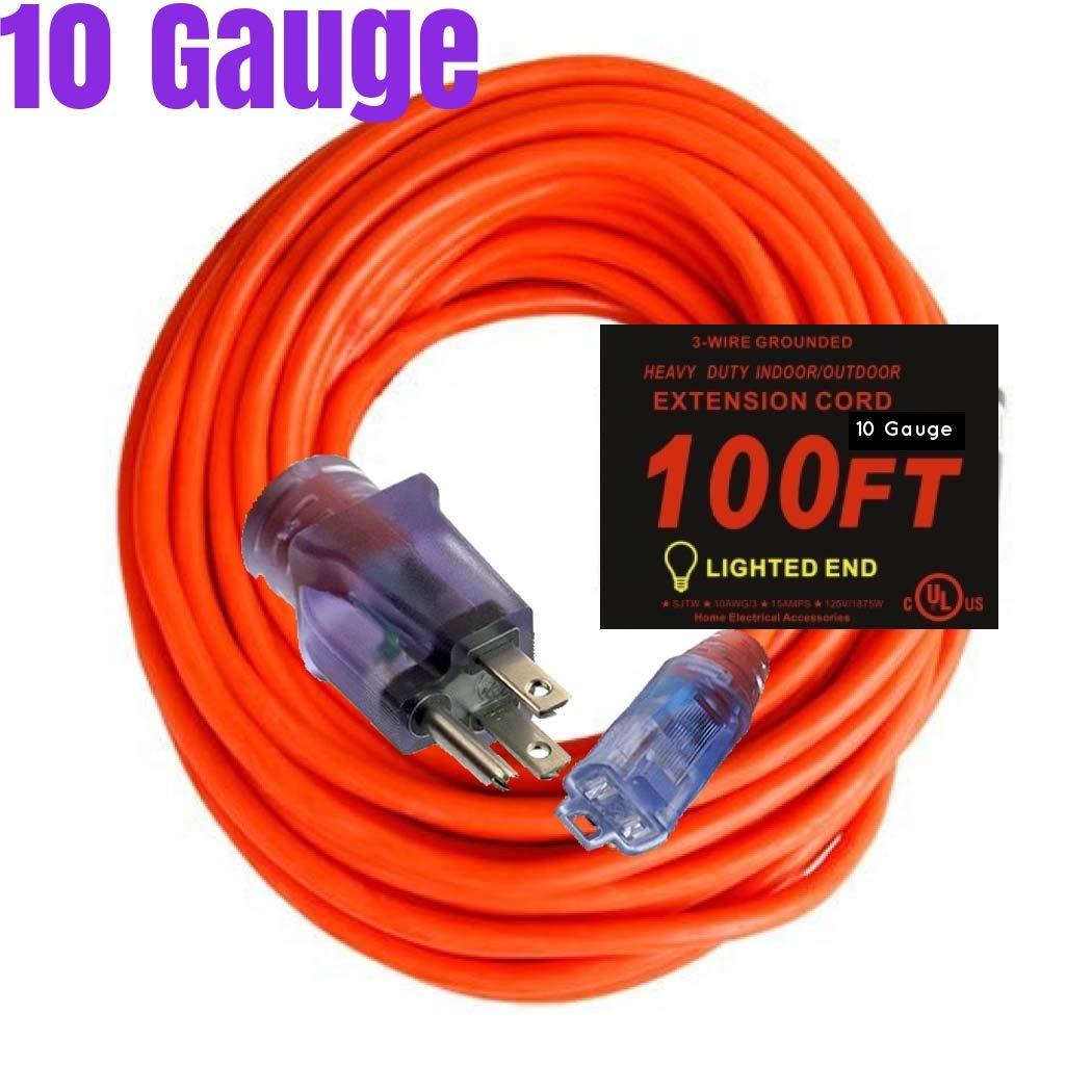 pizety pizety Extension Cord 100 ft 10 Gauge Heavy Duty Indoor Outdoor Outlet Power Extension Cord 10/3 plug 100 ft 125 volt 1875 watt 15 amp UL Listed 100 feet 10 gauge extension cord with Lighted Ends