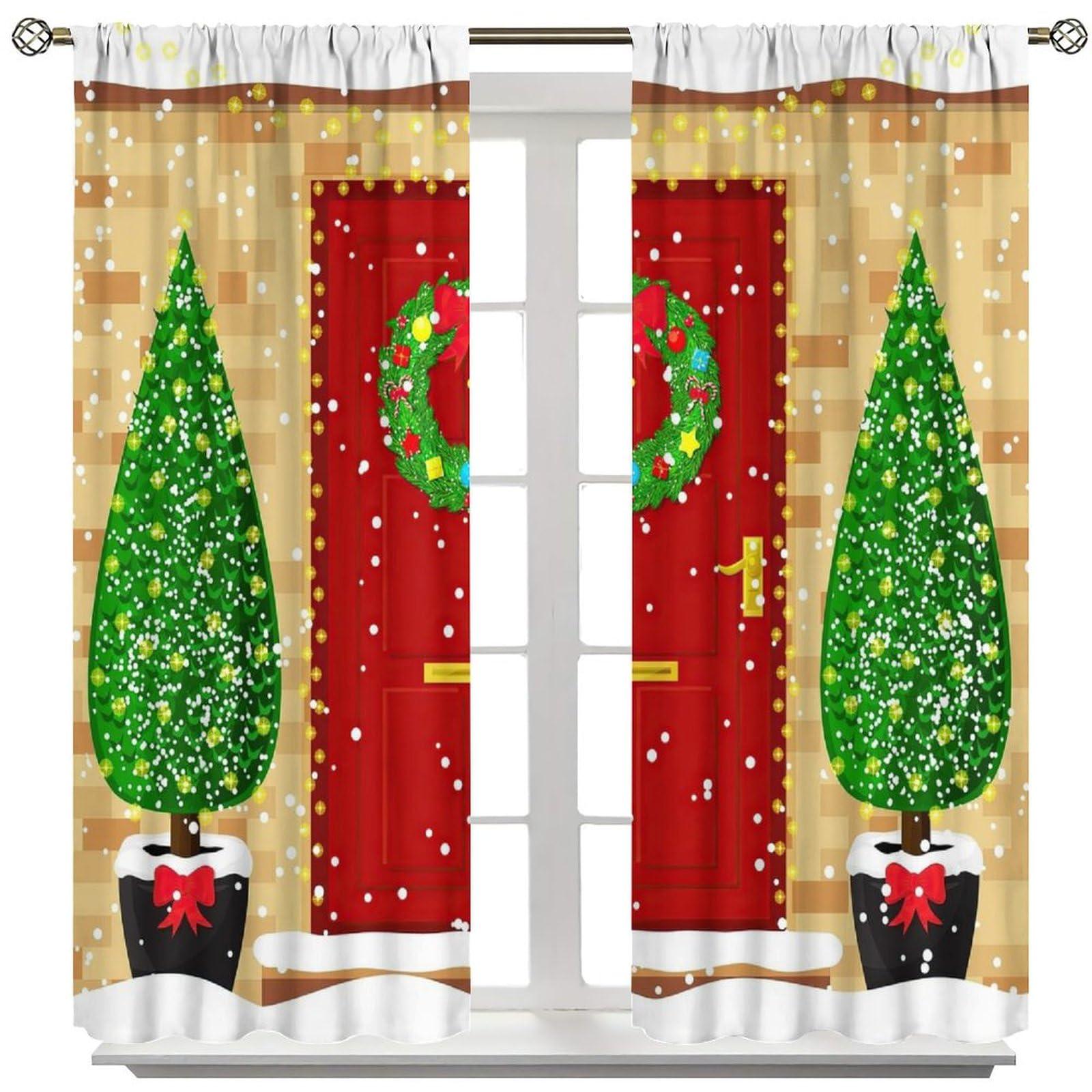 Nanacur Nanacur Christmas Blackout Curtains, Winter Snowflake Red Storefront Xmas Trees Window Drapes, for Christmas Living Room Bedroom 42(W)*84(L) 2 Panels-(Happy Christmas)
