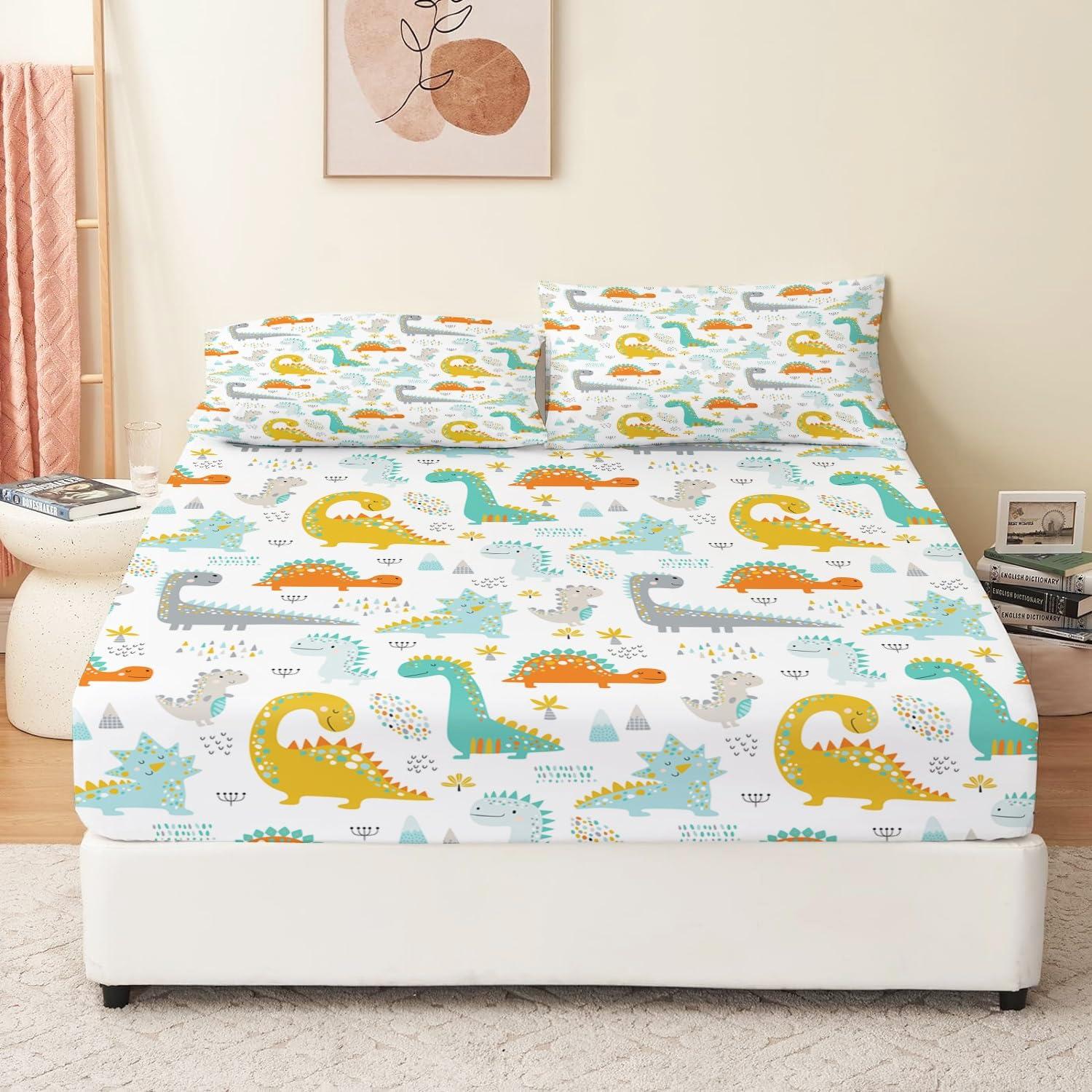 Generic Full Size 4 Piece Sheet Set Jungle Animals Cartoon Dinosaur Bed Sheets Set Deep Pockets, Comfy Breathable & Cooling Microfiber Fitted Sheets, Easy-Fit, Extra Soft & Wrinkle Free Sheets