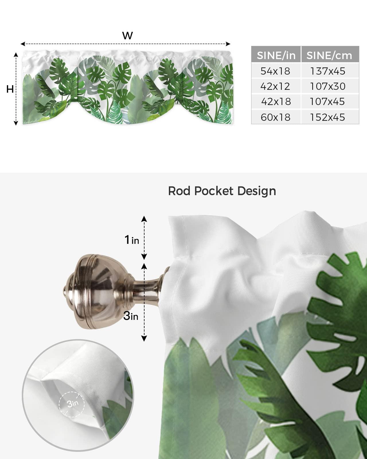 Chees D Zone Tie Up Valance Curtain for Kitchen,Monstera Summer Green Leaf Rod Pocket Short Curtains Adjustable Tie-Up Shade Valances,Tropical Plants Foliage on White Window Treatment for Bathroom 42x18in