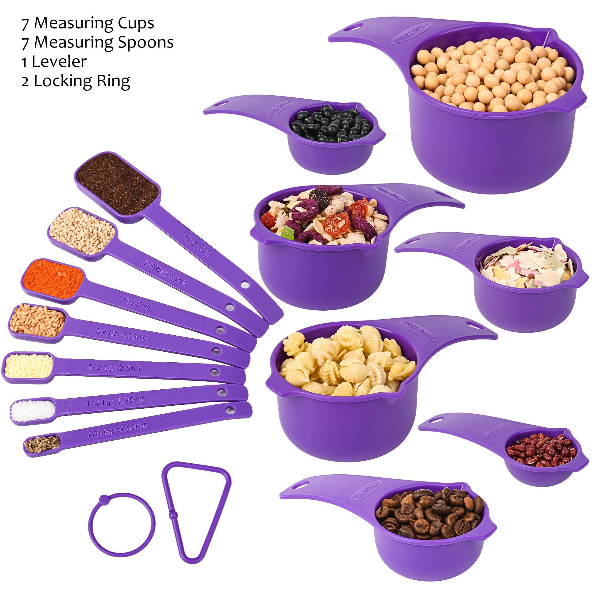 zoyizi zoyizi Measuring Cups and Spoons Set of 15, Plastic Measuring Cups and Spoons for Baking & Kitchen, Engraved Metric & US Markings for Liquid&Dry Measuring, BPA Free, Purple Measuring Cups & Spoons Set