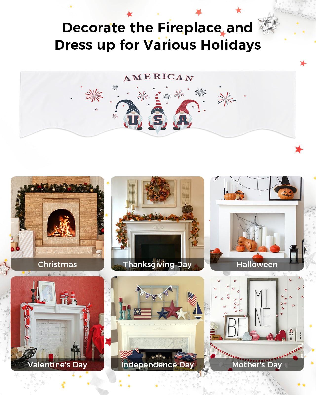 Chees D Zone Fireplace Scarf Independence Day 4th of July Dwarf Mantel Scarf Fireplace Top Runner Mantle Scarves Cover,USA Flag Red Blue Star White Fireplace Mantle Table Runner for Party Holiday Decor 60x17in