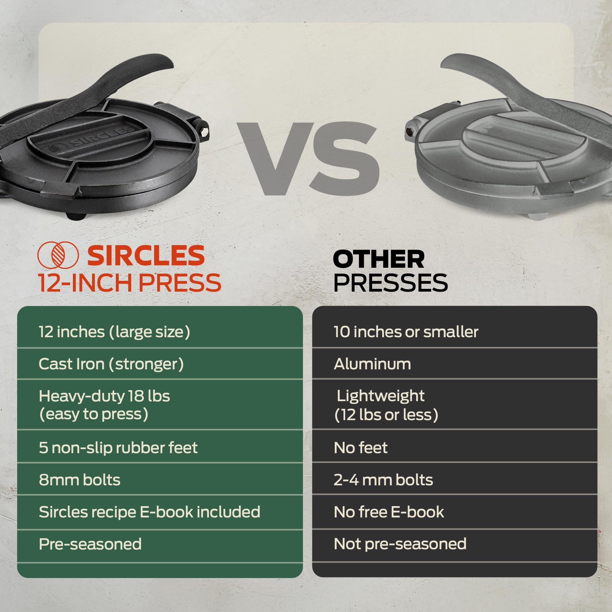 SIRCLES SIRCLES Tortilla Press 12 Inch Cast Iron - Extra Large, Heavy Duty 12 Inch Tortilla Press - Ebook Tortilla recipes - 5 Non-Slip Rubber Feet - Pre-Seasoned - Prensa Para Tortillas De 12 Pulgadas Grande