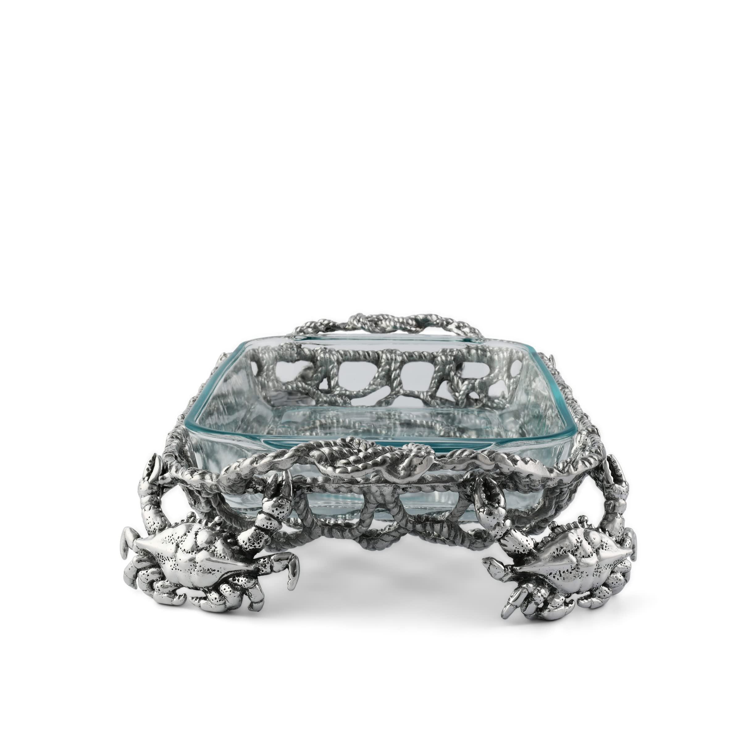 Arthur Court Arthur Court Metal Crab and Net Casserole Dish Holder Ocean Pattern Casted in Aluminum with Artisan Quality Hand Polished Design Tarnish-Free 21 inch Long 3 Quart Removable Glass Dish Included