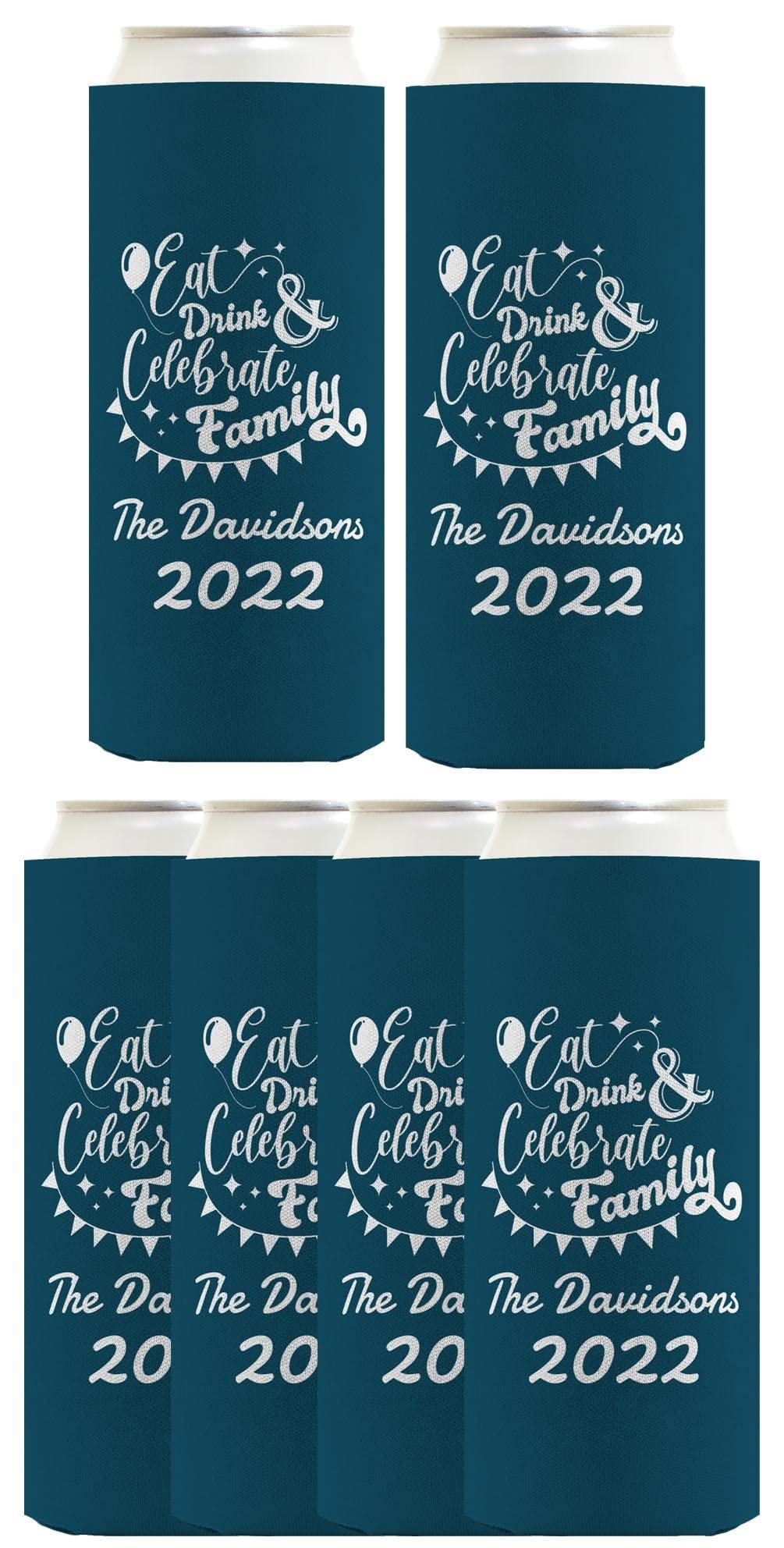 Personalized Gifts Custom Family Reunion Gifts Personalized Eat Drink Celebrate Family 6-Pack Personalized Ultra Slim Drink Sleeves Dark Teal