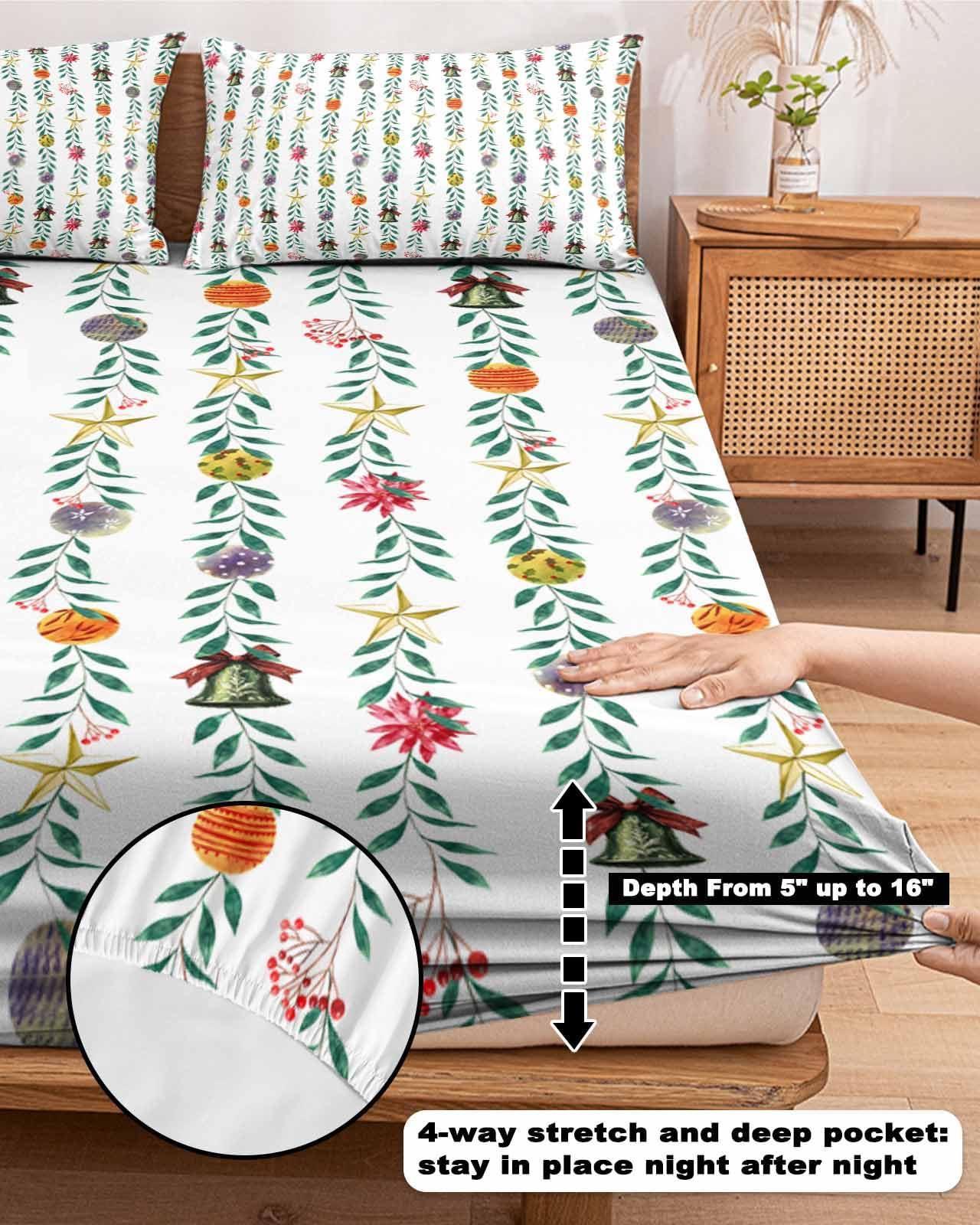 Chees D Zone Twin XL Fitted Sheet Deep Pocket Bed Sheets with Elastic, Christmas Colorful Bell Star Green Leaf Soft Brushed Microfiber Bed Sheet Set, Xmas Ornaments on White Mattress Cover with 2 Pillowcase