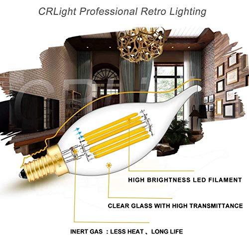 CRLight CRLight 6W LED Candelabra Bulb 3000K Soft White, 70W Equivalent 700LM, E12 Dimmable LED Chandelier Light Bulbs, Antique Edison Style CA11 Candle Flame Tip Clear Chandelier Light Bulbs, 8 Pack