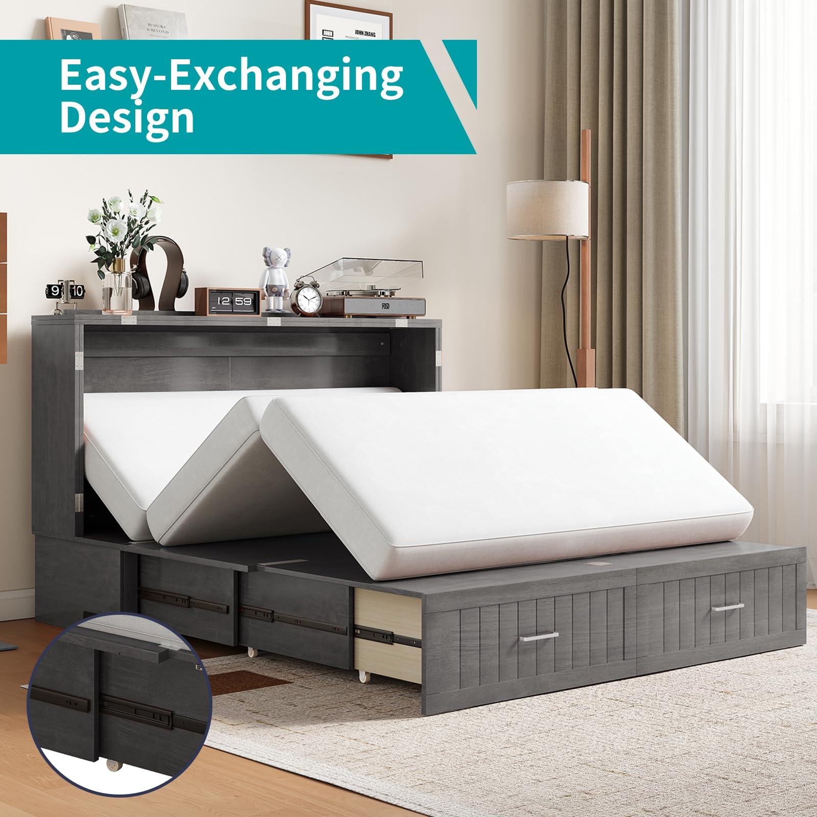 BALUS BALUS 64\" W Murphy Bed Cabinet with Mattress,Murphy Bed Queen,Modern Muti-Functional Cube Cabinet Bed 2 Large Drawers&3 Level Folding Foam Mattress for Living Room/Apartment/Loft (Stone Grey)