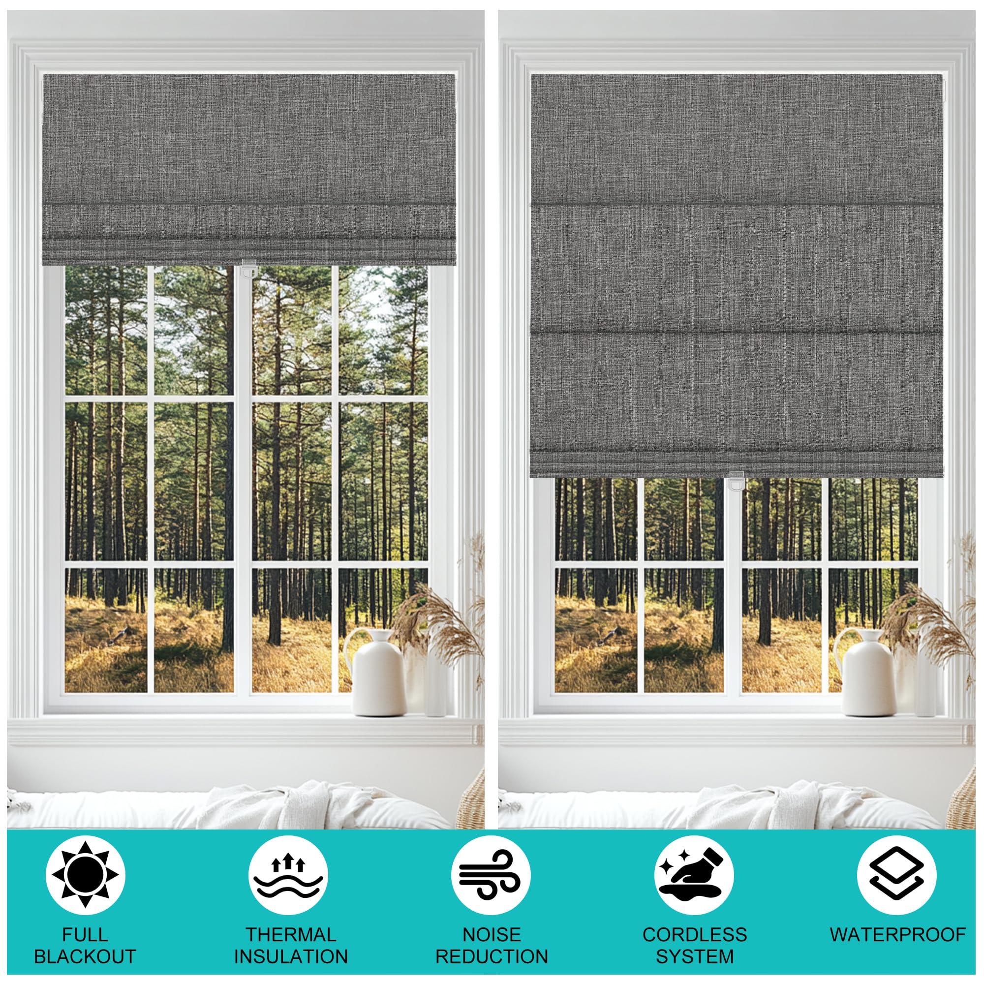 BERISSA BERISSA No Drill Cordless Roman Shades for Window, Blackout Roman Blinds Room Darkening Roll up Blinds Easy Install Linen Roman Window Shades for Inside Mount,28" W x 66" H,Linen Dark Gray