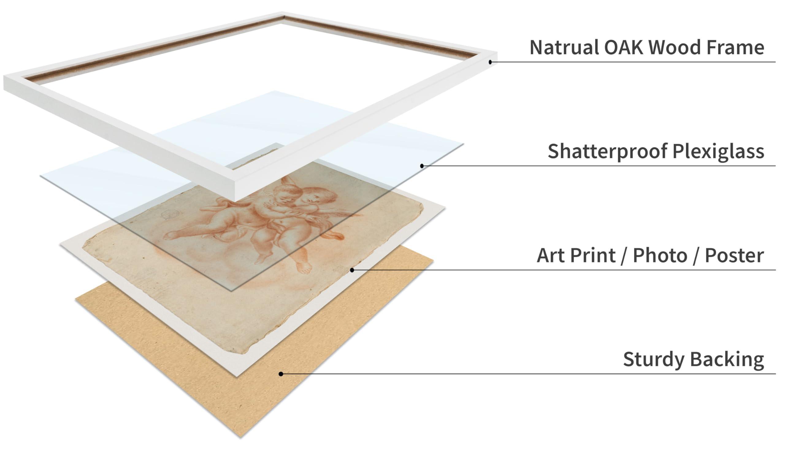 Monem Art Studio Monem Art Vintage Winged Putti in Clouds Poster - Retro Embrace Print - Mythology Art - Putto Art - Gift for Men & Women - Decor for Office, Kid\'s Room or Living Room, 16x20 White Framed