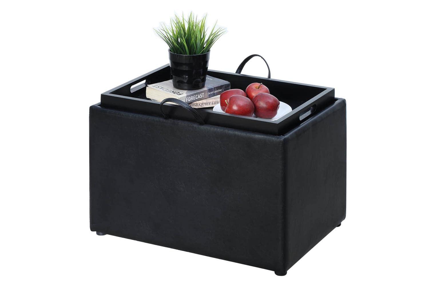 Convenience Concepts Convenience Concepts Designs4Comfort Accent Storage Ottoman 22.75\" - Modern Foot Stool with Decorative Tray for Living Room, Dining Room, Office, Black Faux Leather