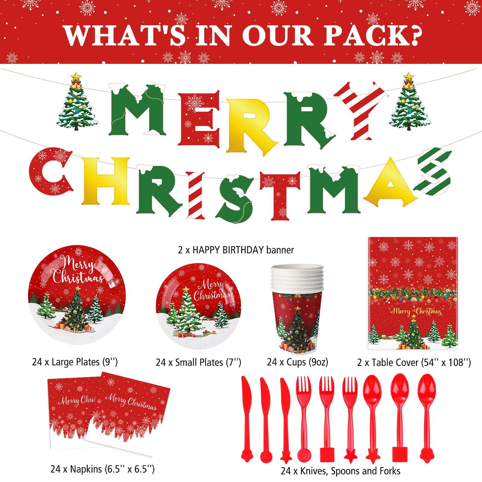 Tiamon Christmas Party Supplies Tableware Set Xmas Party Decoration Christmas Tree Paper Plates Napkins Snowflakes Tablecloths Merry Christmas Banner Holiday Disposable Dinnerware Serves 24 Guests