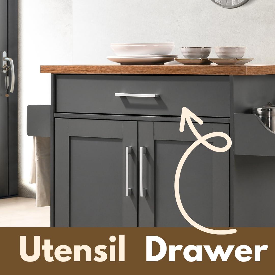 Hodedah Hodedah Kitchen Island with Spice Rack, Towel Rack & Drawer, Grey with Oak Top