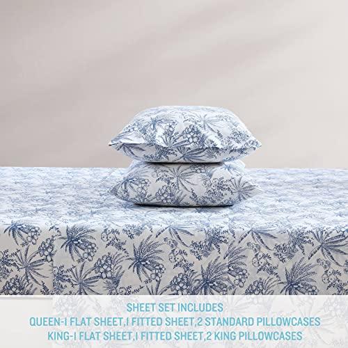 Tommy Bahama Tommy Bahama - Queen Sheets, Cotton Percale Bedding Set, Crisp & Cool, Stylish Home Decor (Pen and Ink Palm Blue, Queen)