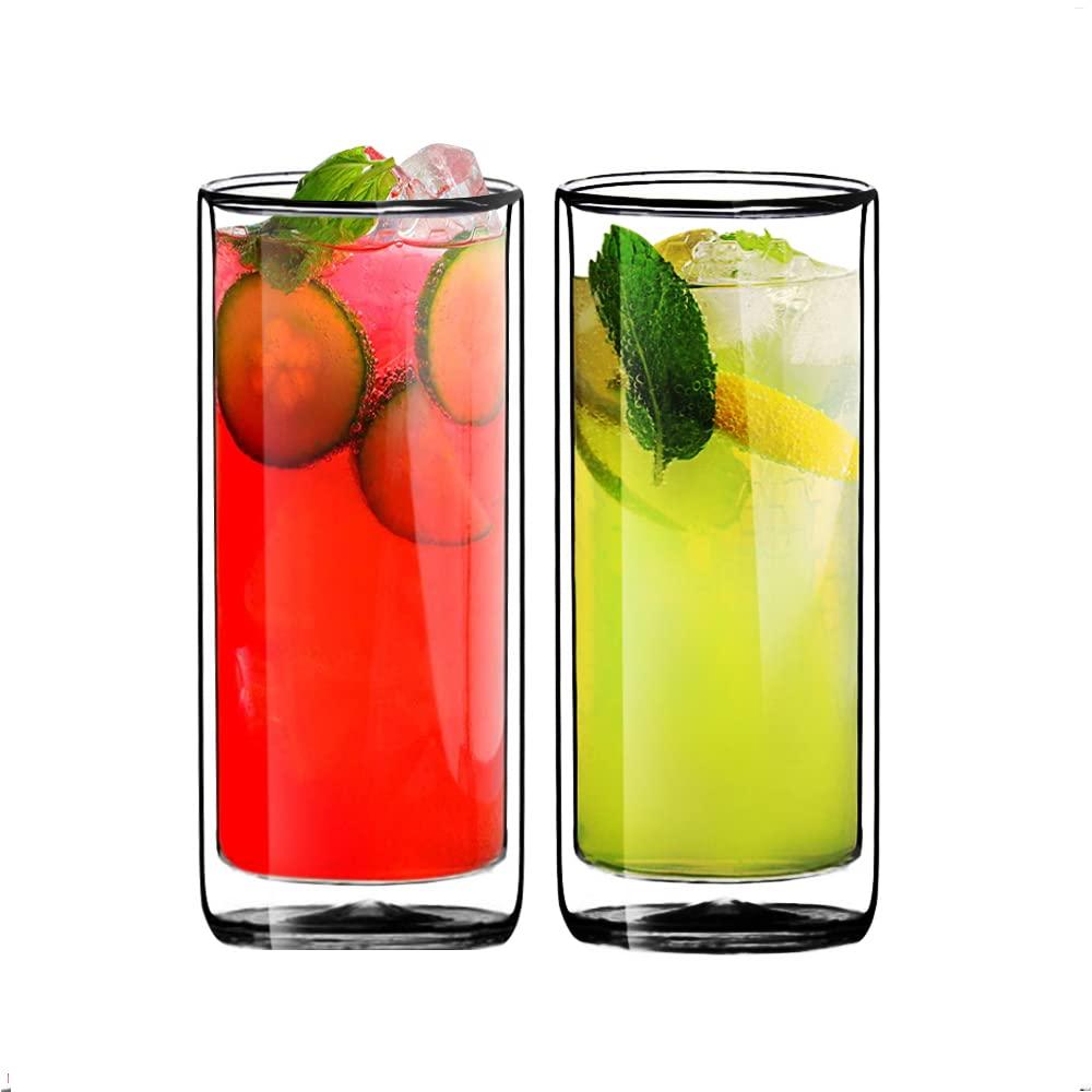 Sun's Tea Sun's Tea Double Wall Insulated Glass Tumbler, 16oz (450ml) Highball Glass Cups for Beer, Lemonade, Iced Tea, Tropical Drink, Cocktail, Smoothie, Mojito and Mixed Drinks, Set of 2 - Collins Style