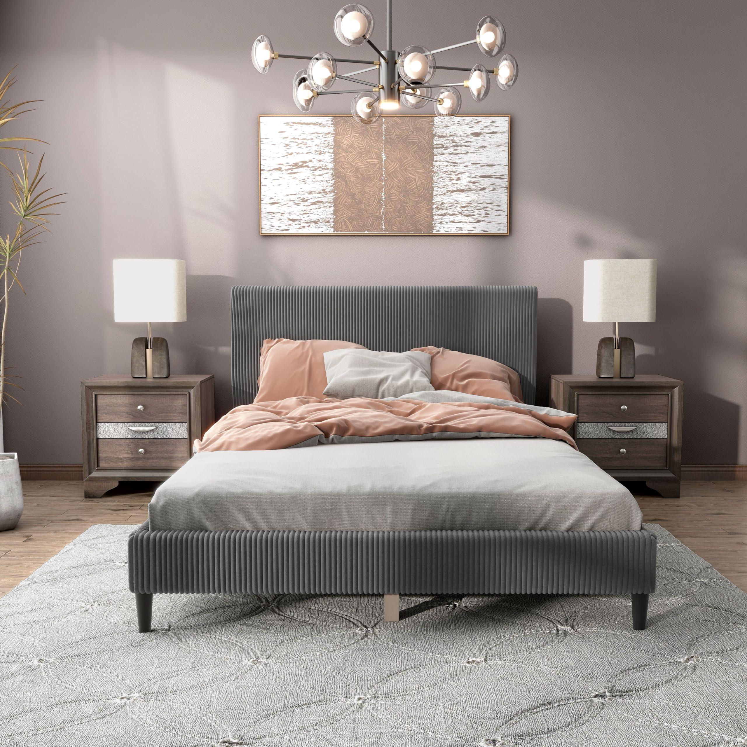 HOMES: Inside + Out HOMES: Inside + Out Lysandra Modern Bed Frame Queen Size with Upholstered Headboard and Corduroy Fabric Cover, No Box Spring Needed for Bedroom, Guest Room, Dark Gray