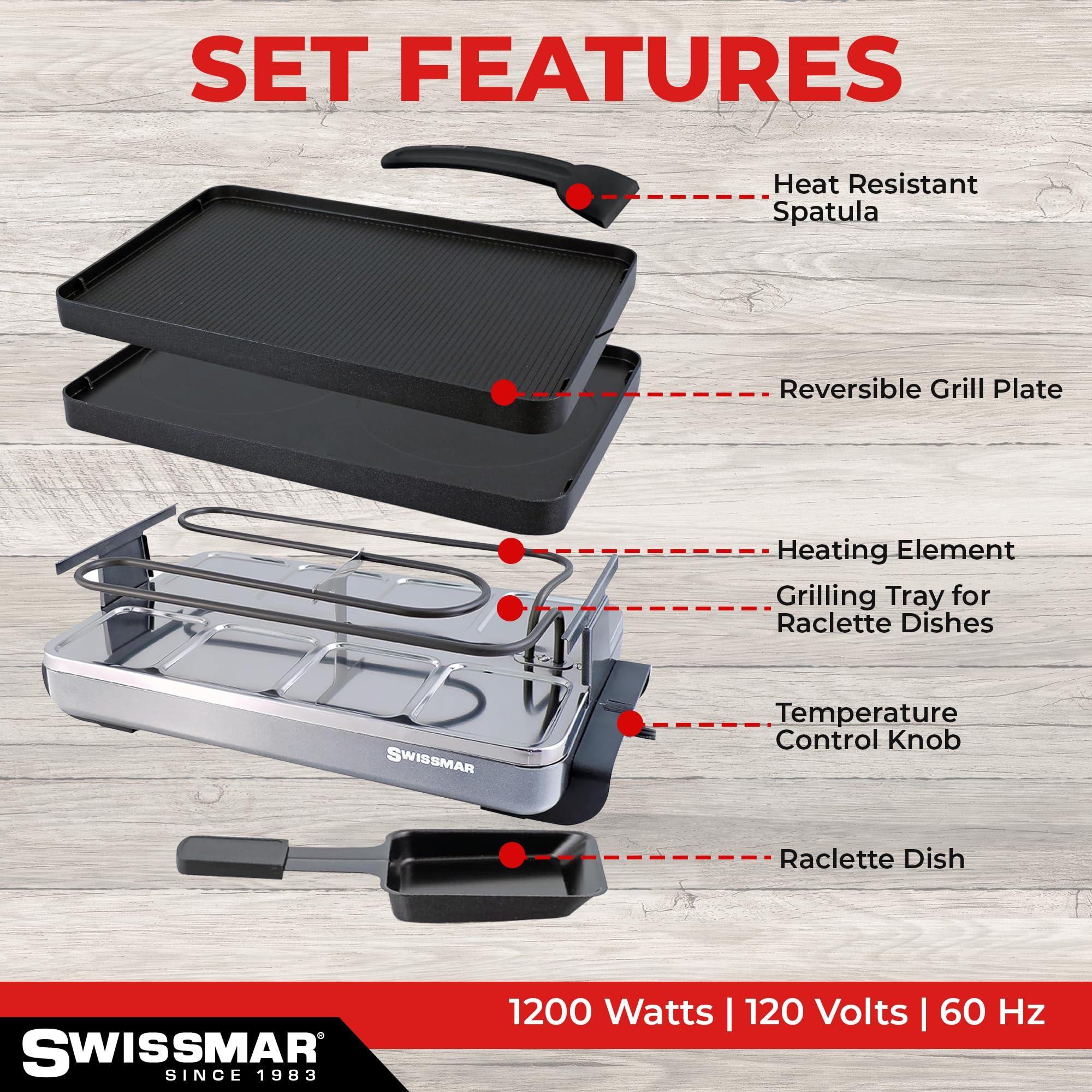 Swissmar Swissmar Classic Raclette Party Grill with Reversible Cast Aluminum Non-Stick Grill Plate/Crepe Top, Outdoor & Indoor Electric BBQ Grill, Samgyupsal Griller - Brushed Stainless Steel - 8-Person