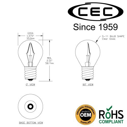 CEC CEC Industries 40S11N/120V Miniature Bulb, 120V, 40W, S11 Shape, E17 Intermediate Screw (3 Pack)