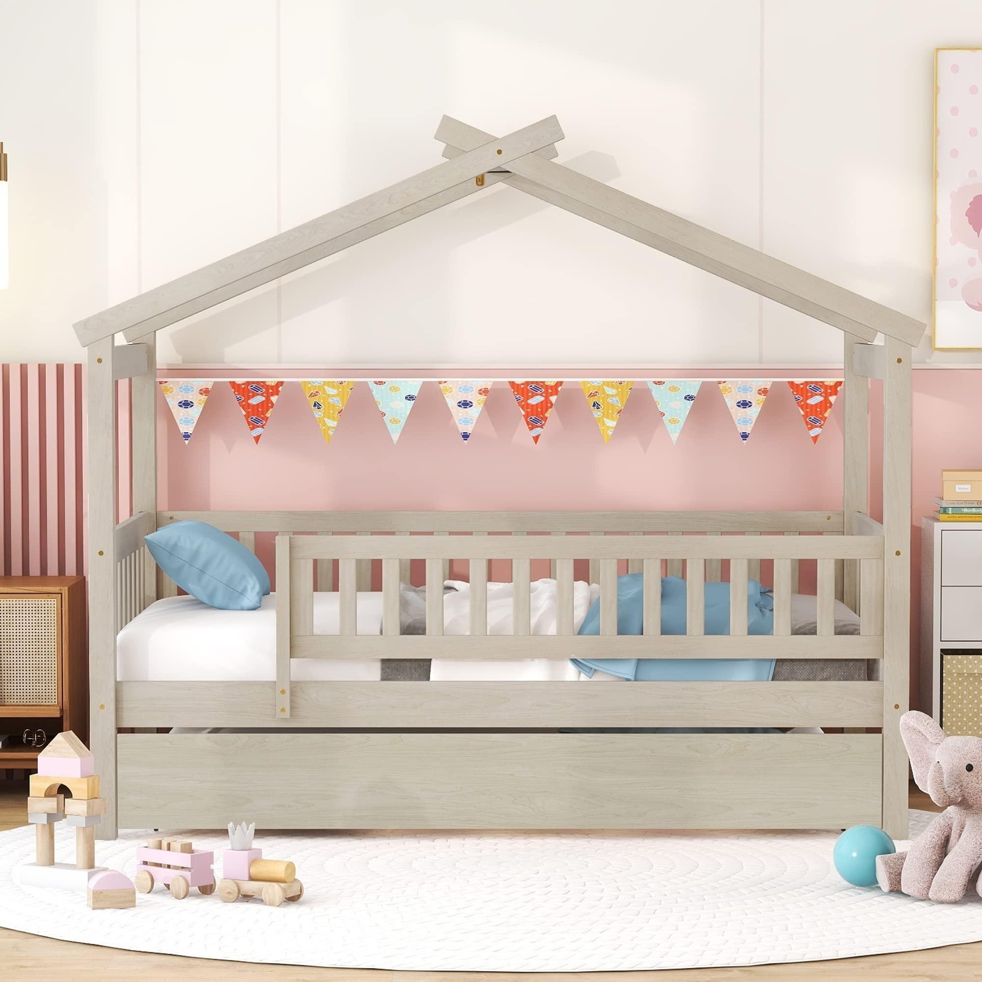 Yoglad Yoglad Twin Size Wooden House Bed with Twin Size Trundle and Fence-Shaped Guardrail, House Bed Frame Can Be Decorated Wood Playhouse for Girls, Boys (Natural)