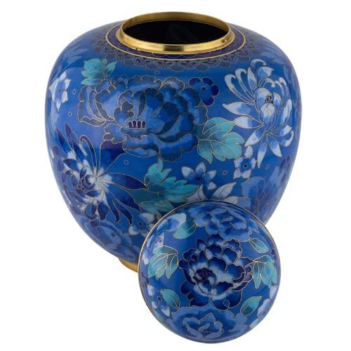 Silverlight Urns Azure Blue Cloisonne Cremation Urn for Ashes, Metal, Blue Enameled Urn, Adult Sized Cremation Urn, 9.5 Inches High