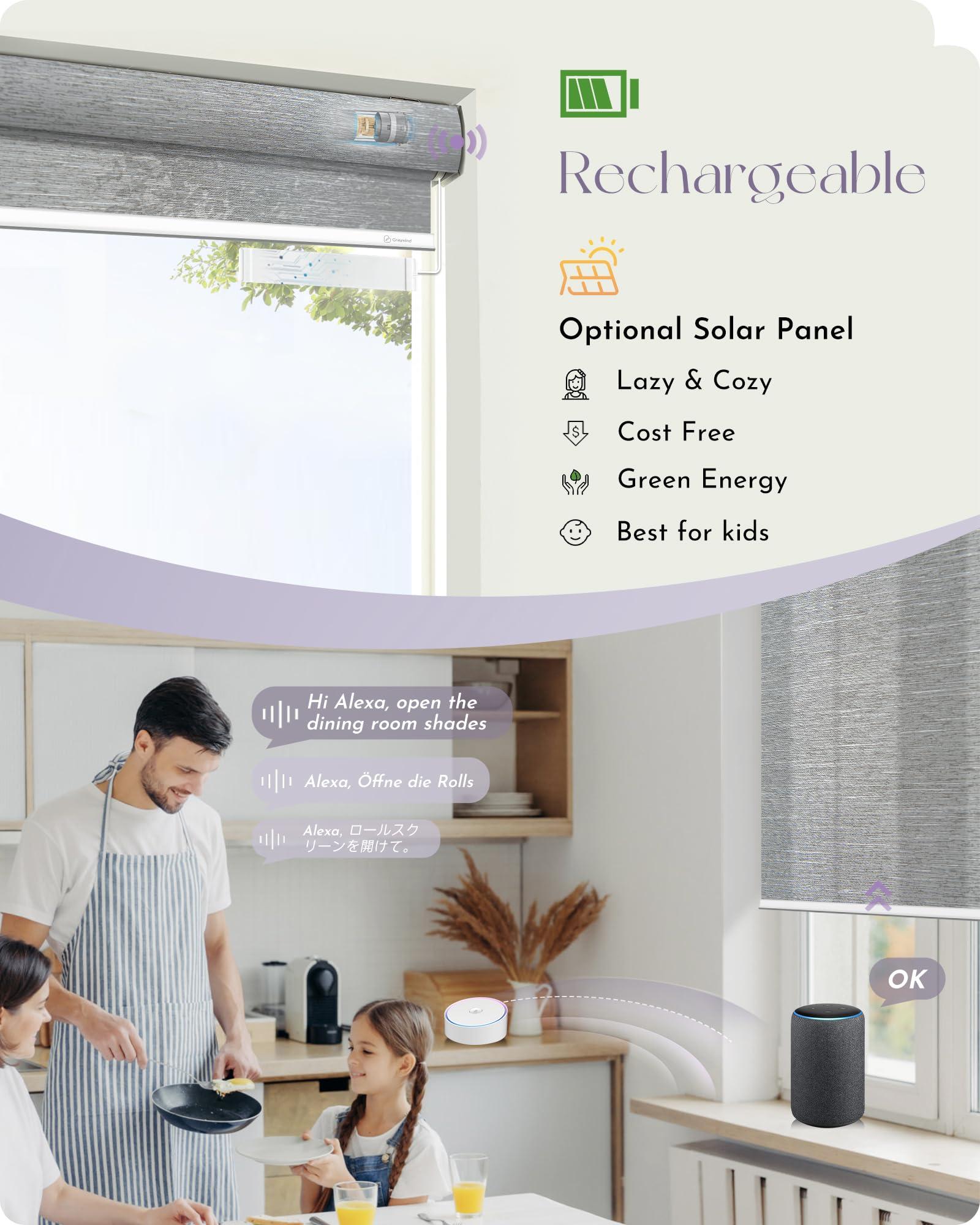 Graywind Graywind Motorized Light Filtering Shades Compatible with Alexa Google Rechargeable Remote Control Smart Blinds Automatic Window Shade with Valance for Home Office, Custom Size (Jacquard Grey)