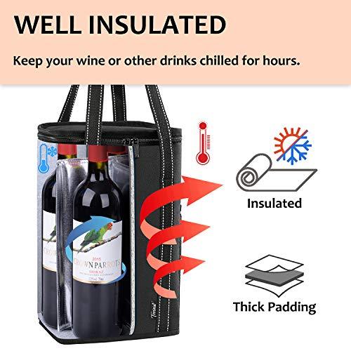 Vina Vina 4 Bottle Wine Carrier - Travel Insulated Wine Carrying Case Cooler Tote Bag with Detachable Divider and Strong Handle, Great for Picnic, Beach Days,Party, Black