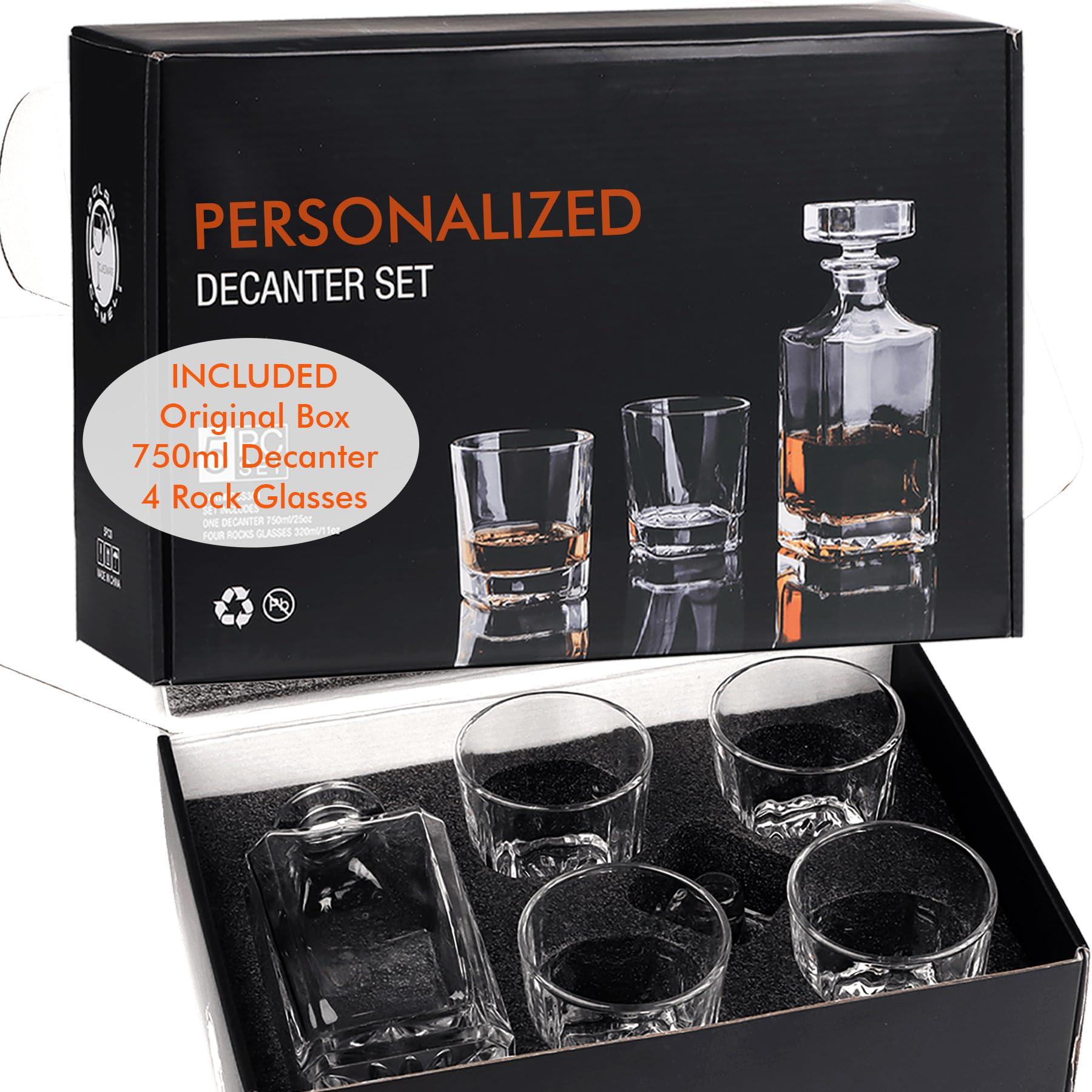 EZ CUSTOM GIFT Personalized Whiskey Decanter Set - Custom Liquor Decanter and 4 Glasses Gift Set - Engraved Whiskey Decanter Sets for Men, Anniversary Wedding Birthday Gifts for Father Husband (Design 7)