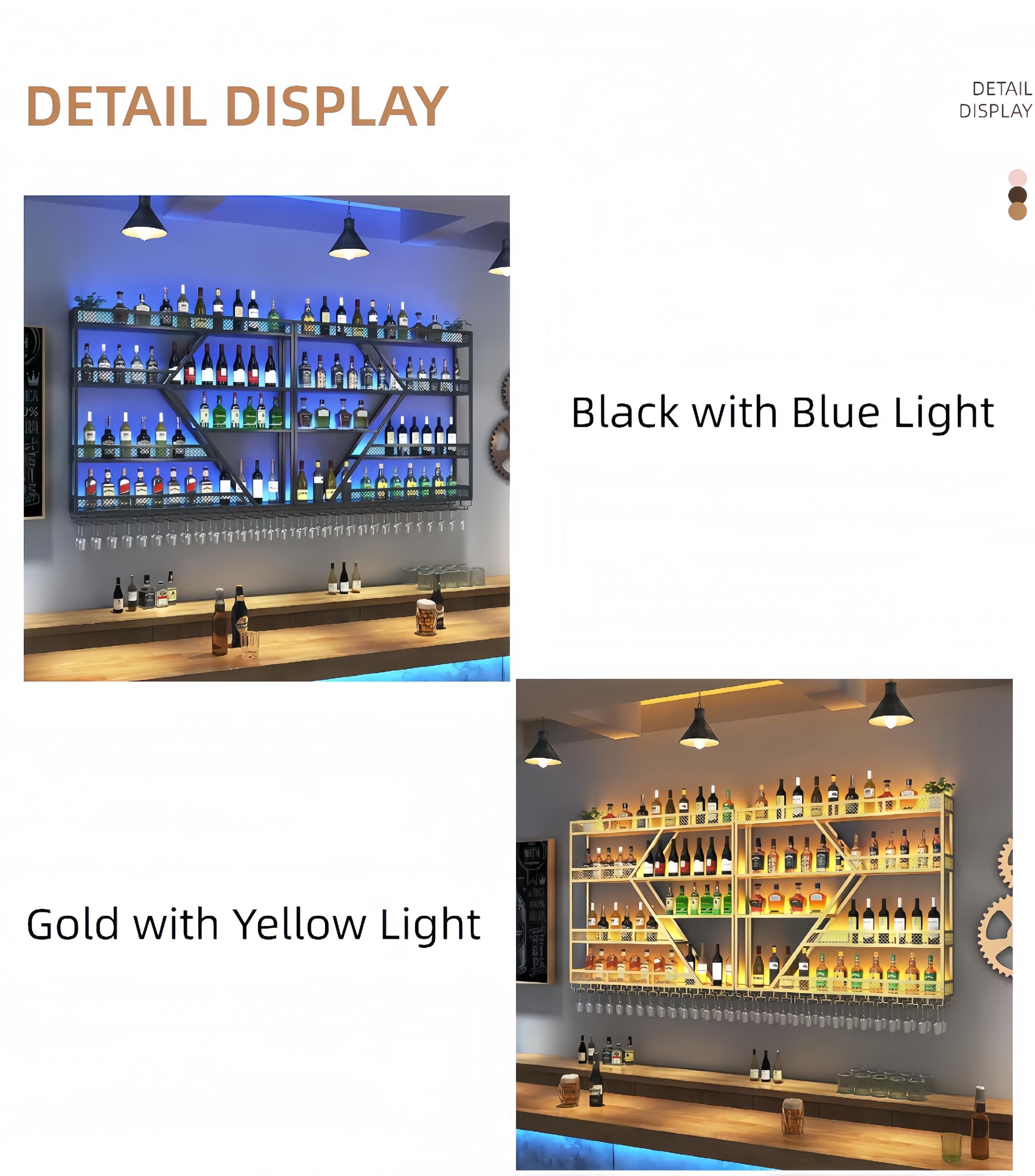 HFTUW HFTUW Modern Wall Mounted Wine Rack w/LED Light, Metal Wall Bar Shelves Wall Mounted w/Glass Holder, Large Liquor Shelf for Liquor Bottles for Home Bar & Dining Room(Gold-Yellow Led, 79in/200cm)