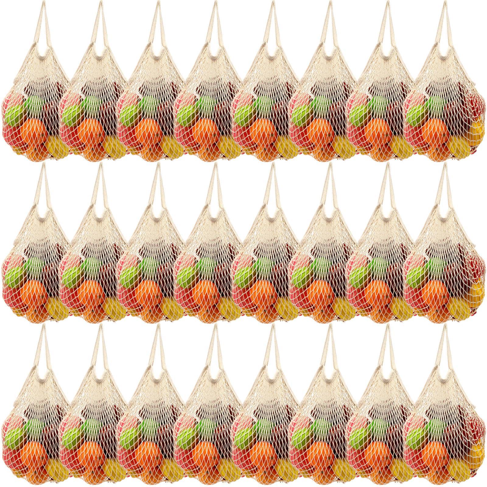 Woanger Woanger 24 Pcs Reusable Cotton Mesh Produce Shopping Bags Washable Grocery Bag Net Portable Fruit and Vegetable Bag Cotton String Bags Long Handle Net Tote Organizer (Short Handle)